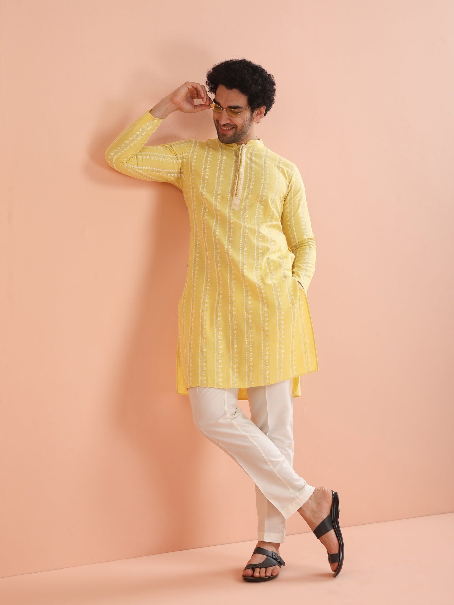 Men Yellow Printed Kurta Trouser Set with Gundi Buttons