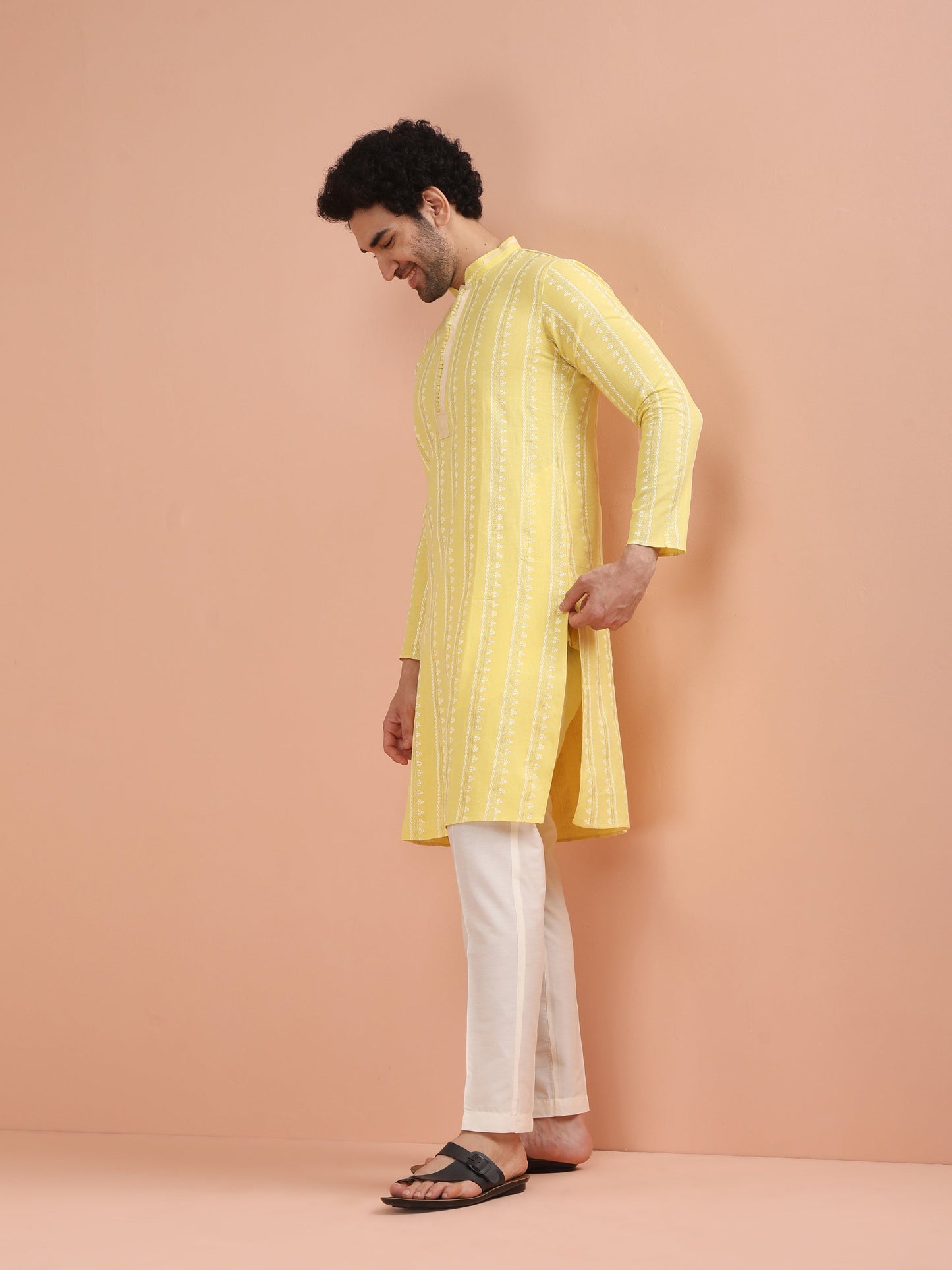 Men Yellow Printed Kurta Trouser Set with Gundi Buttons