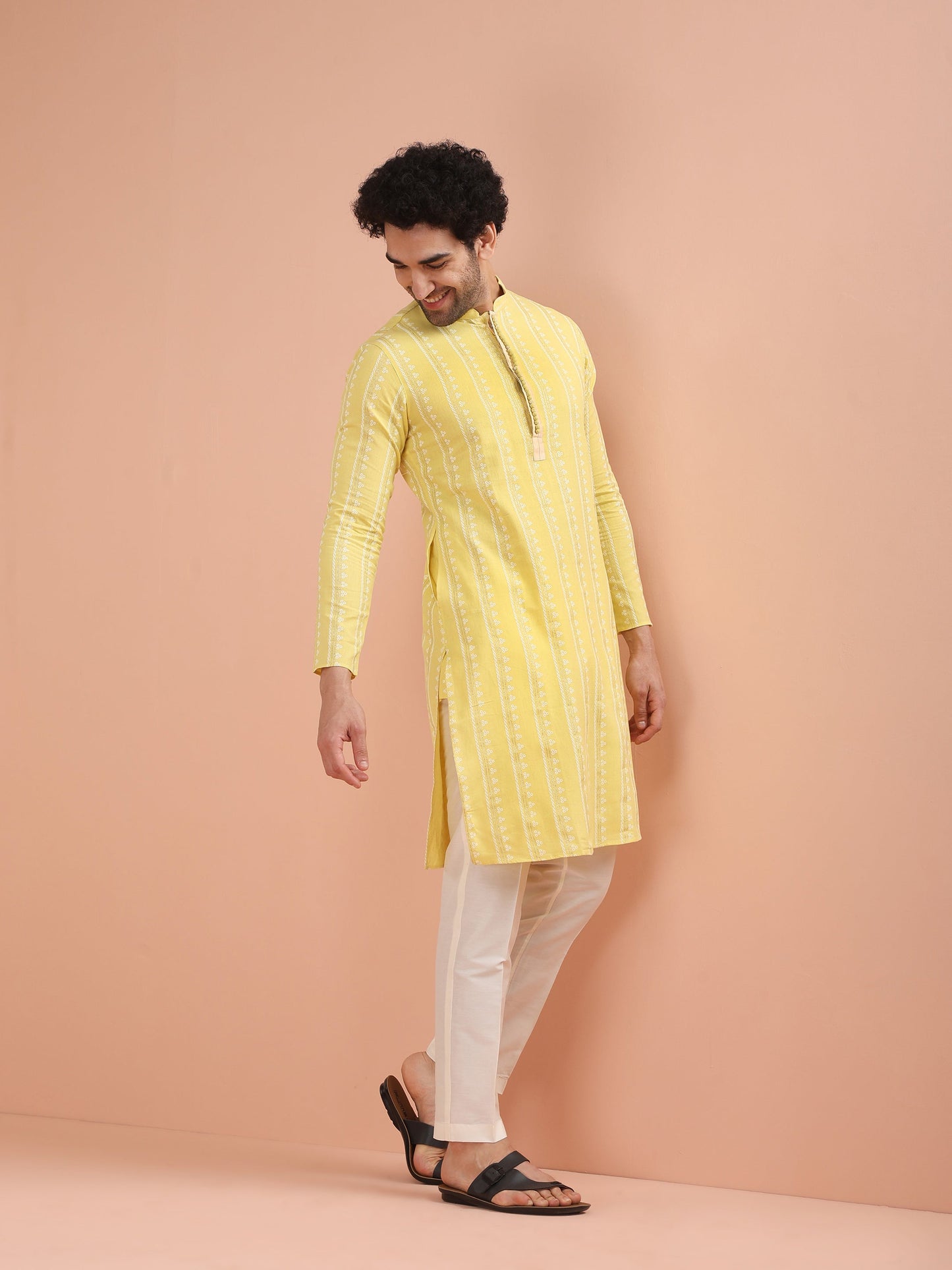 Men Yellow Printed Kurta Trouser Set with Gundi Buttons