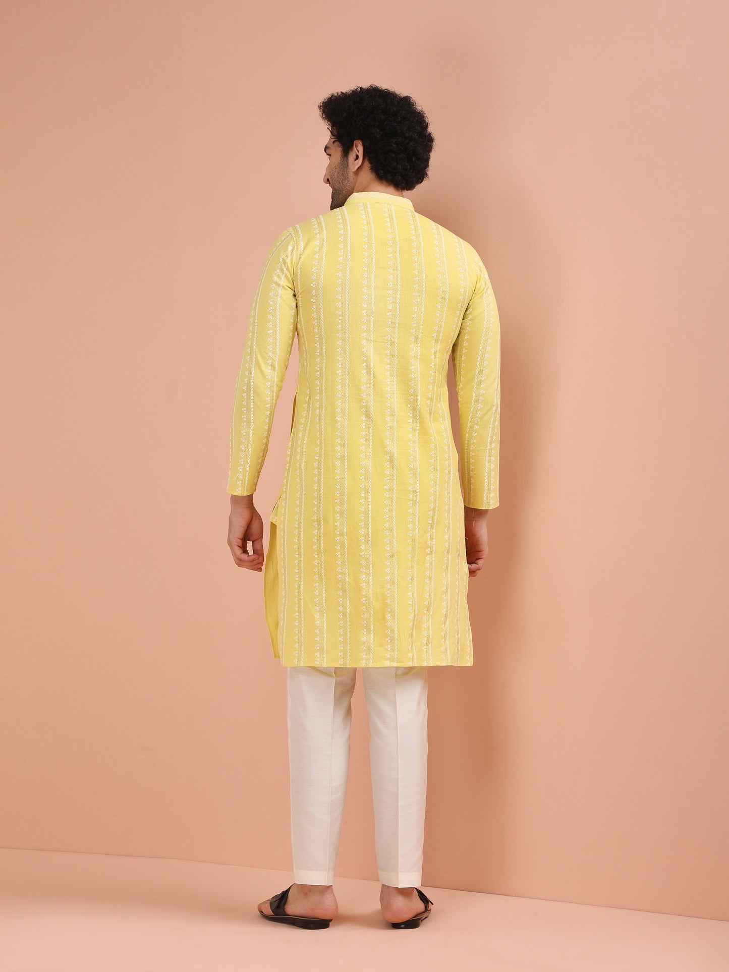 Men Yellow Printed Kurta Trouser Set with Gundi Buttons