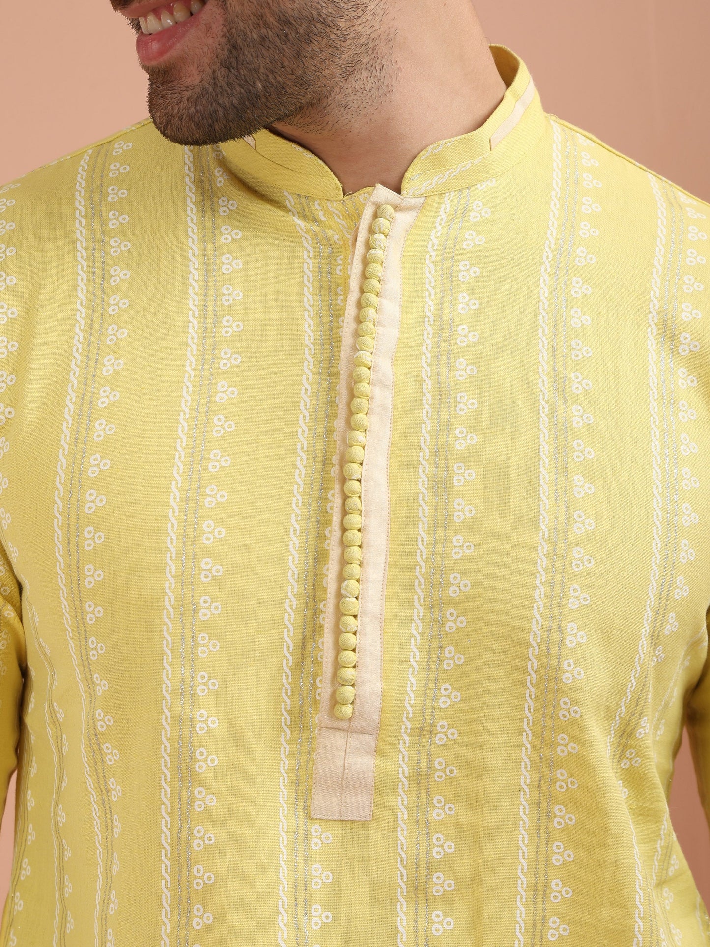 Men Yellow Printed Kurta Trouser Set with Gundi Buttons