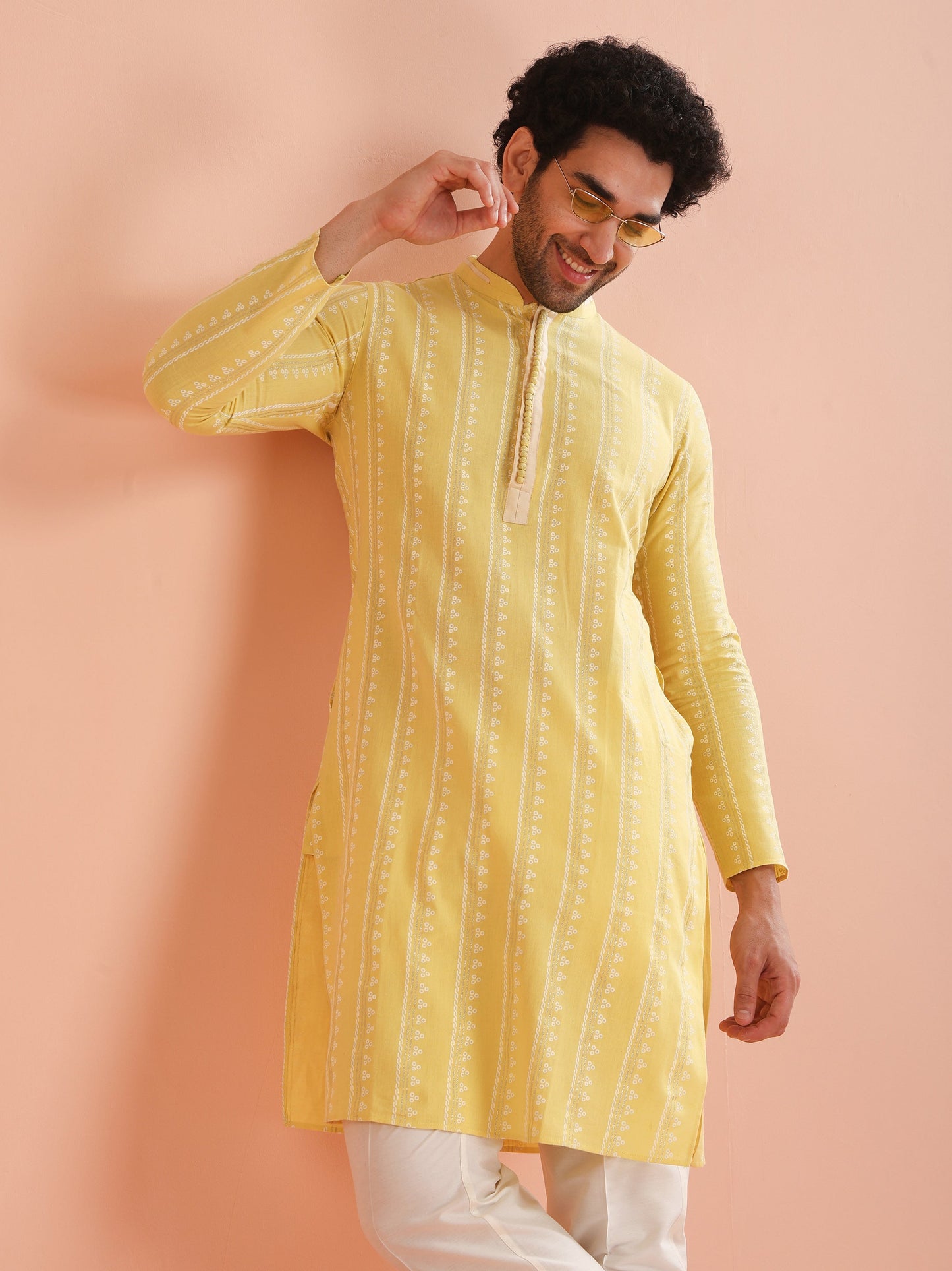 Men Yellow Printed Kurta Trouser Set with Gundi Buttons