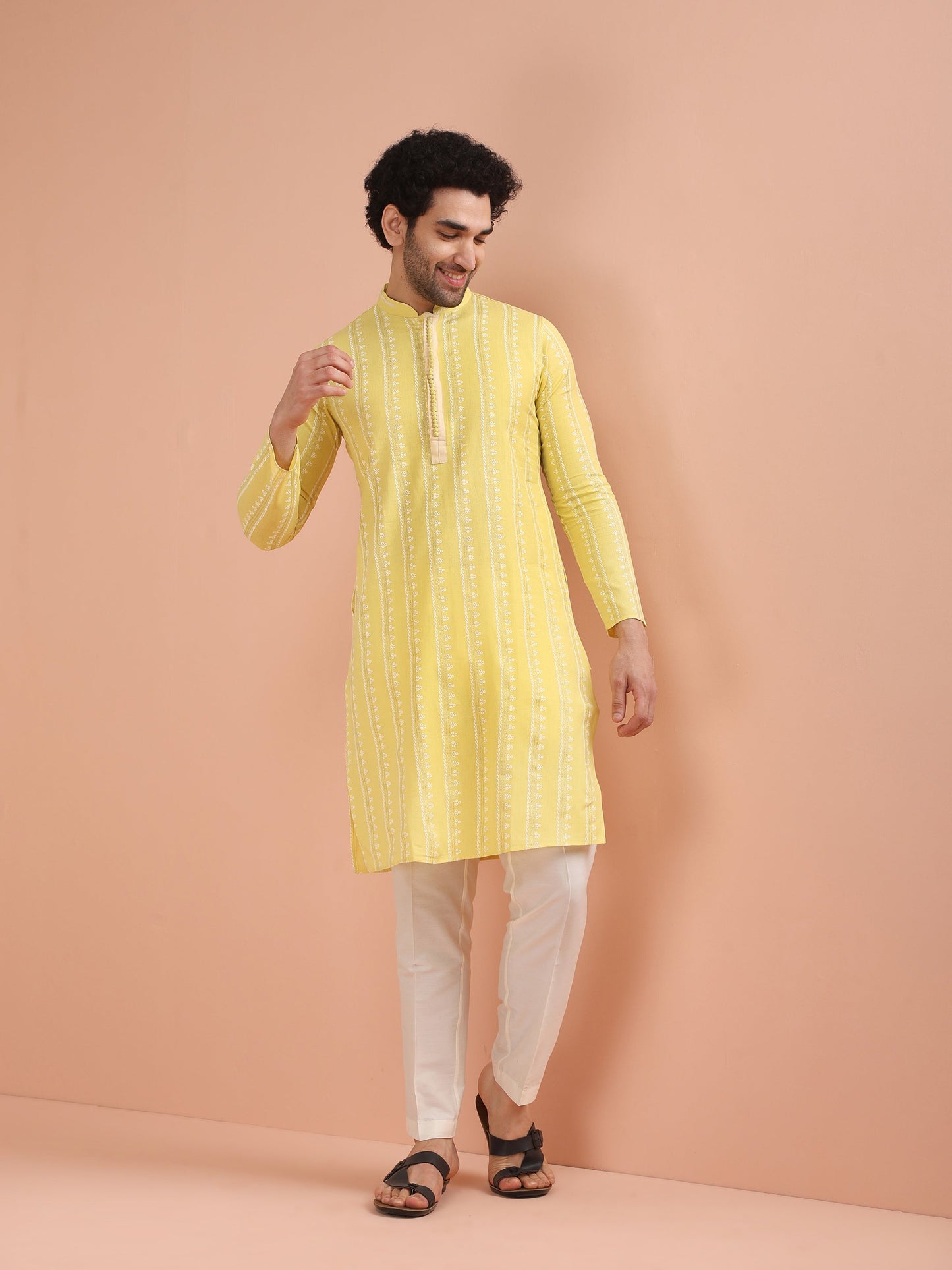 Men Yellow Printed Kurta Trouser Set with Gundi Buttons