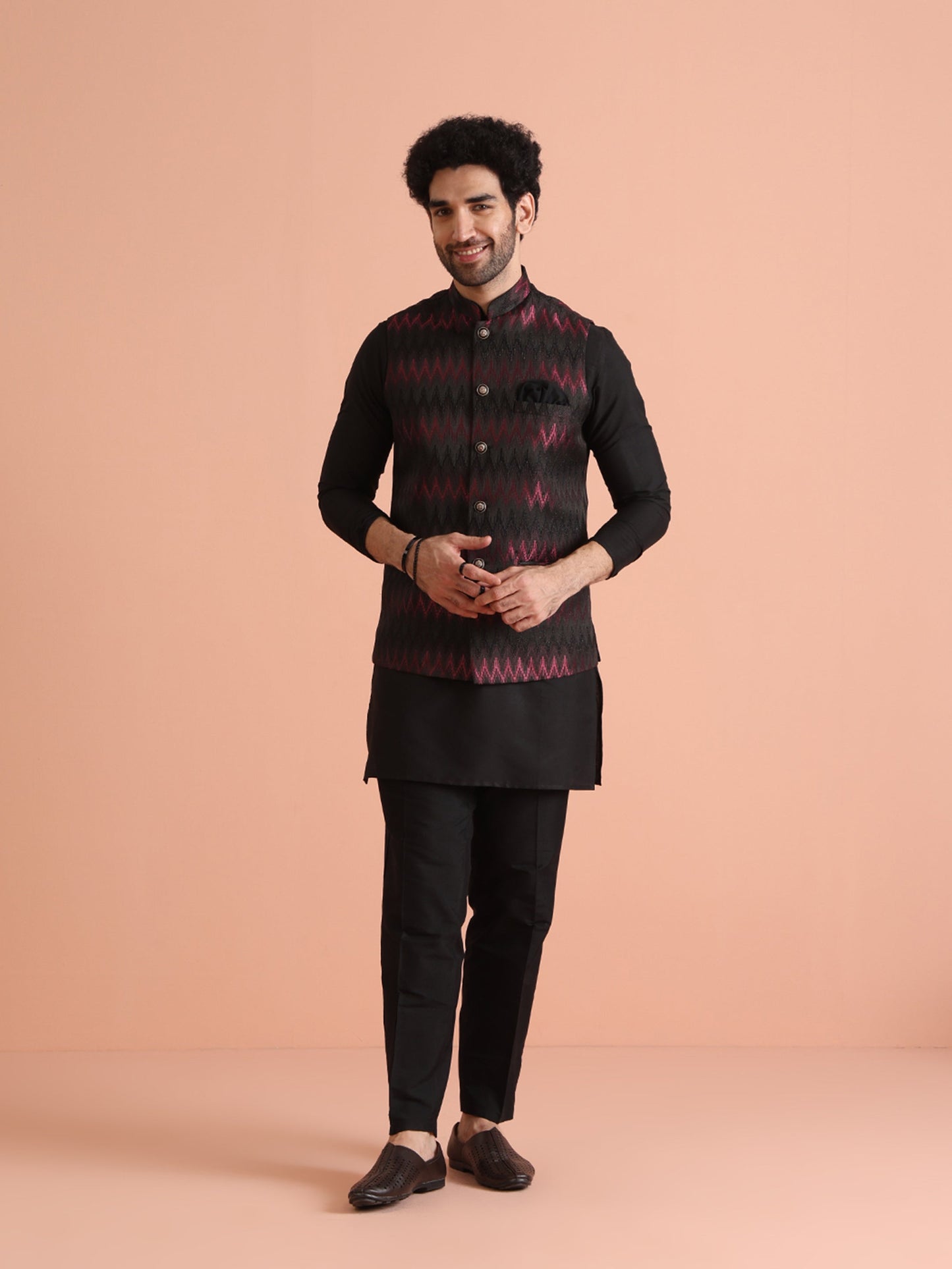 Men Black Jacquard Kurta Jacket Trouser Set with Chevron