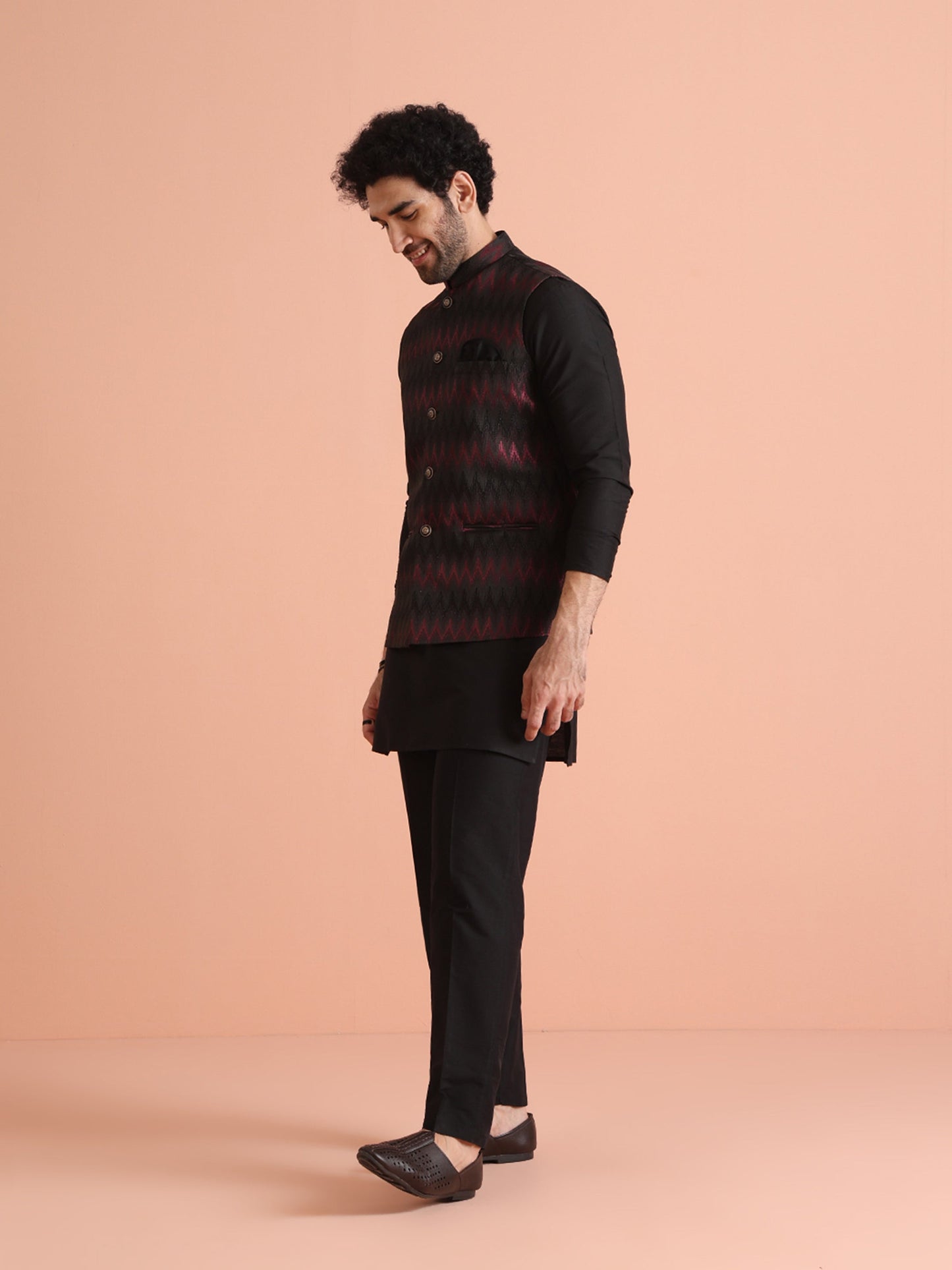 Men Black Jacquard Kurta Jacket Trouser Set with Chevron