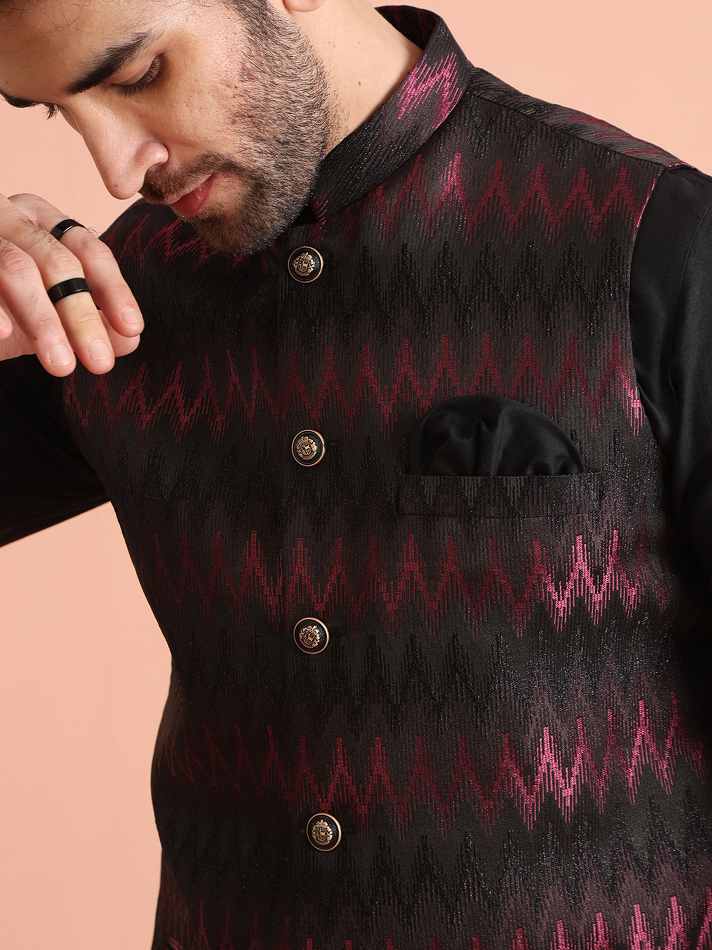 Men Black Jacquard Kurta Jacket Trouser Set with Chevron