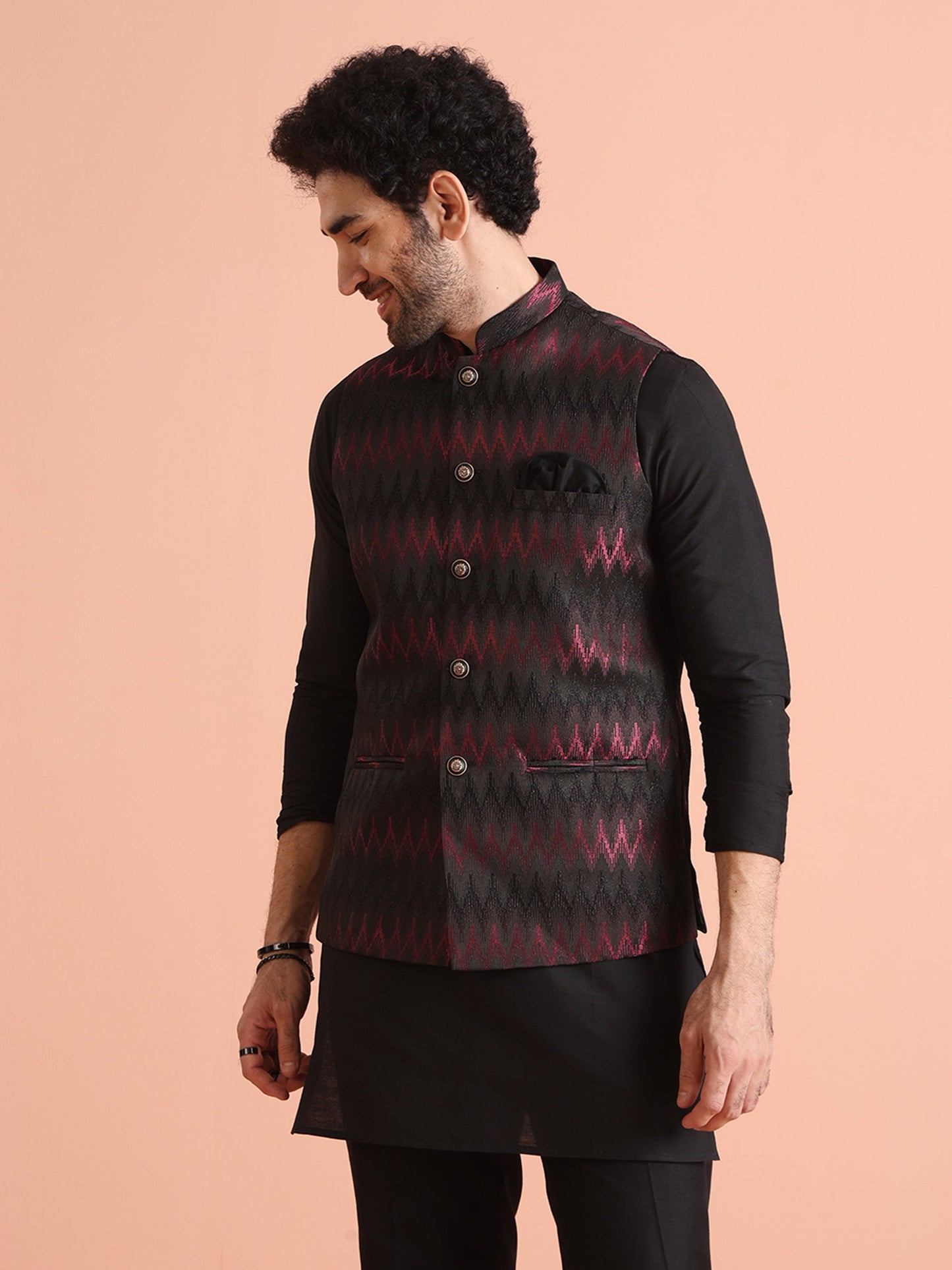 Men Black Jacquard Kurta Jacket Trouser Set with Chevron