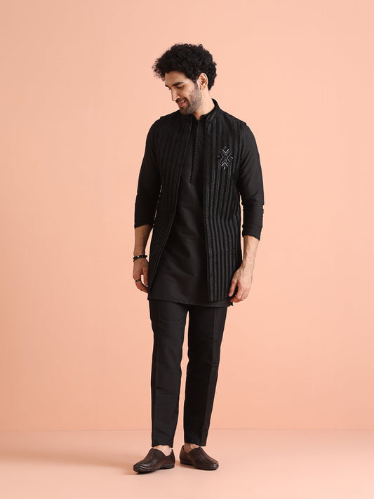 Men Black Sheer Kurta Jacket Trouser Set with Striped