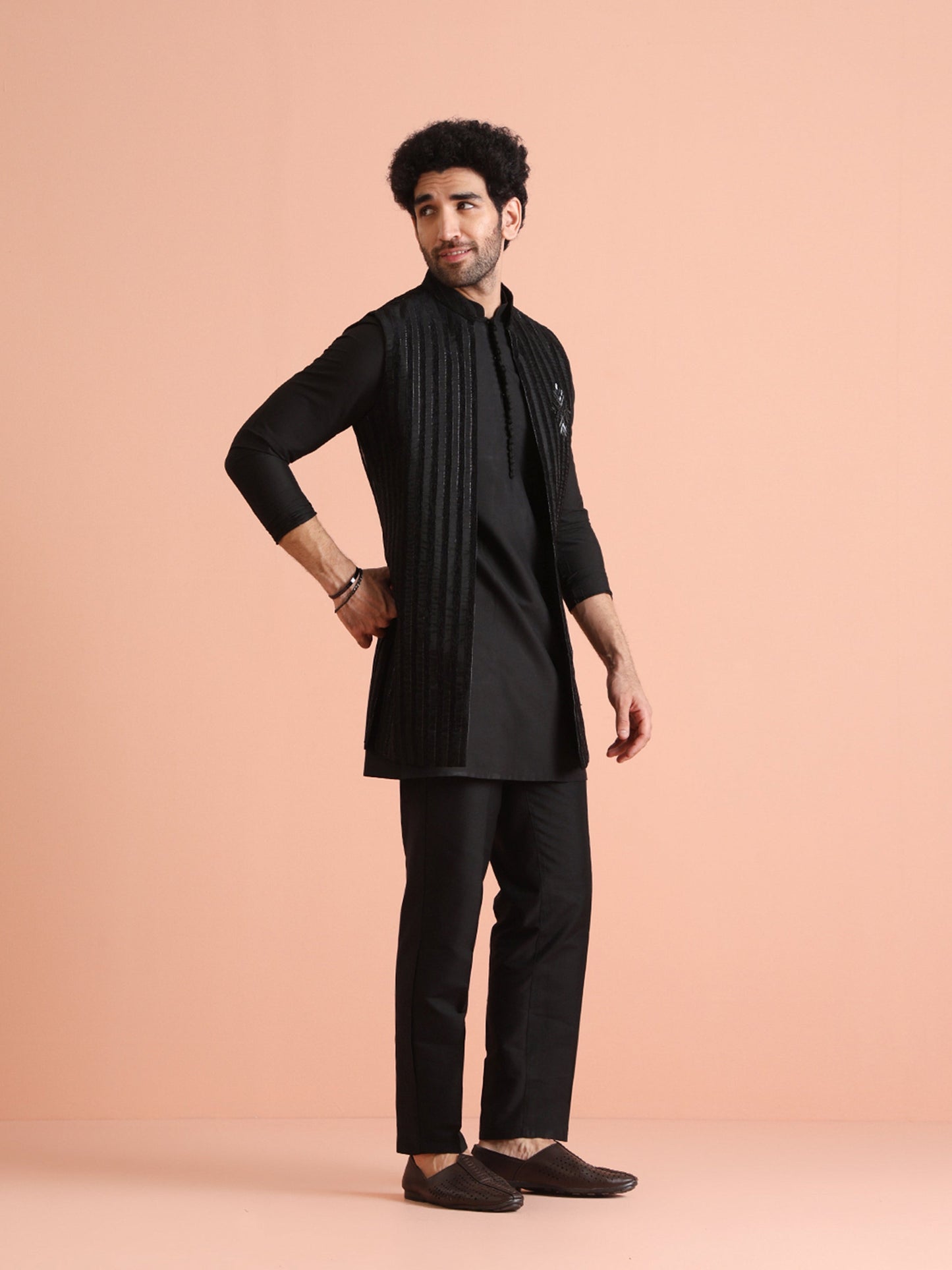 Men Black Sheer Kurta Jacket Trouser Set with Striped