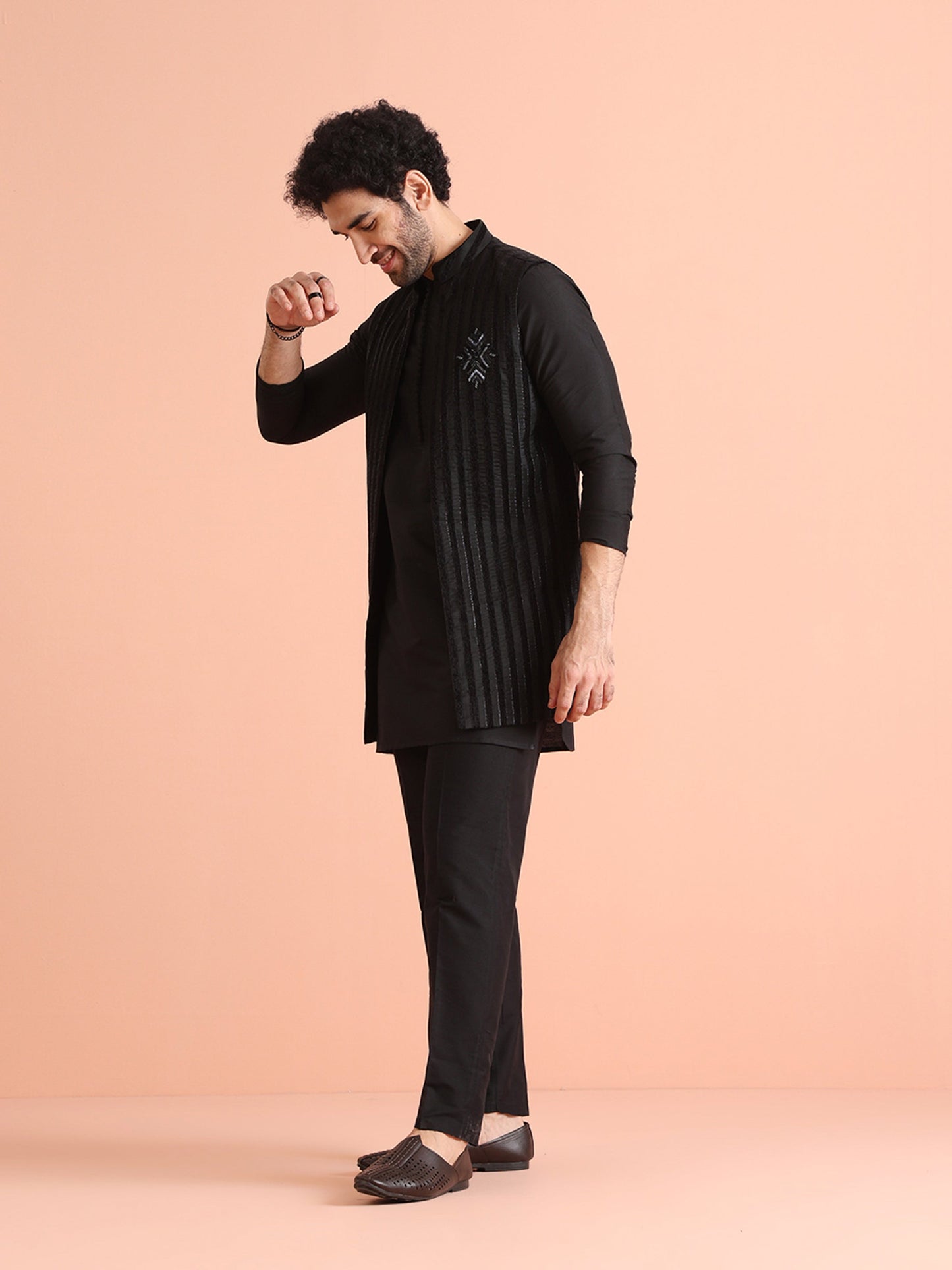 Men Black Sheer Kurta Jacket Trouser Set with Striped