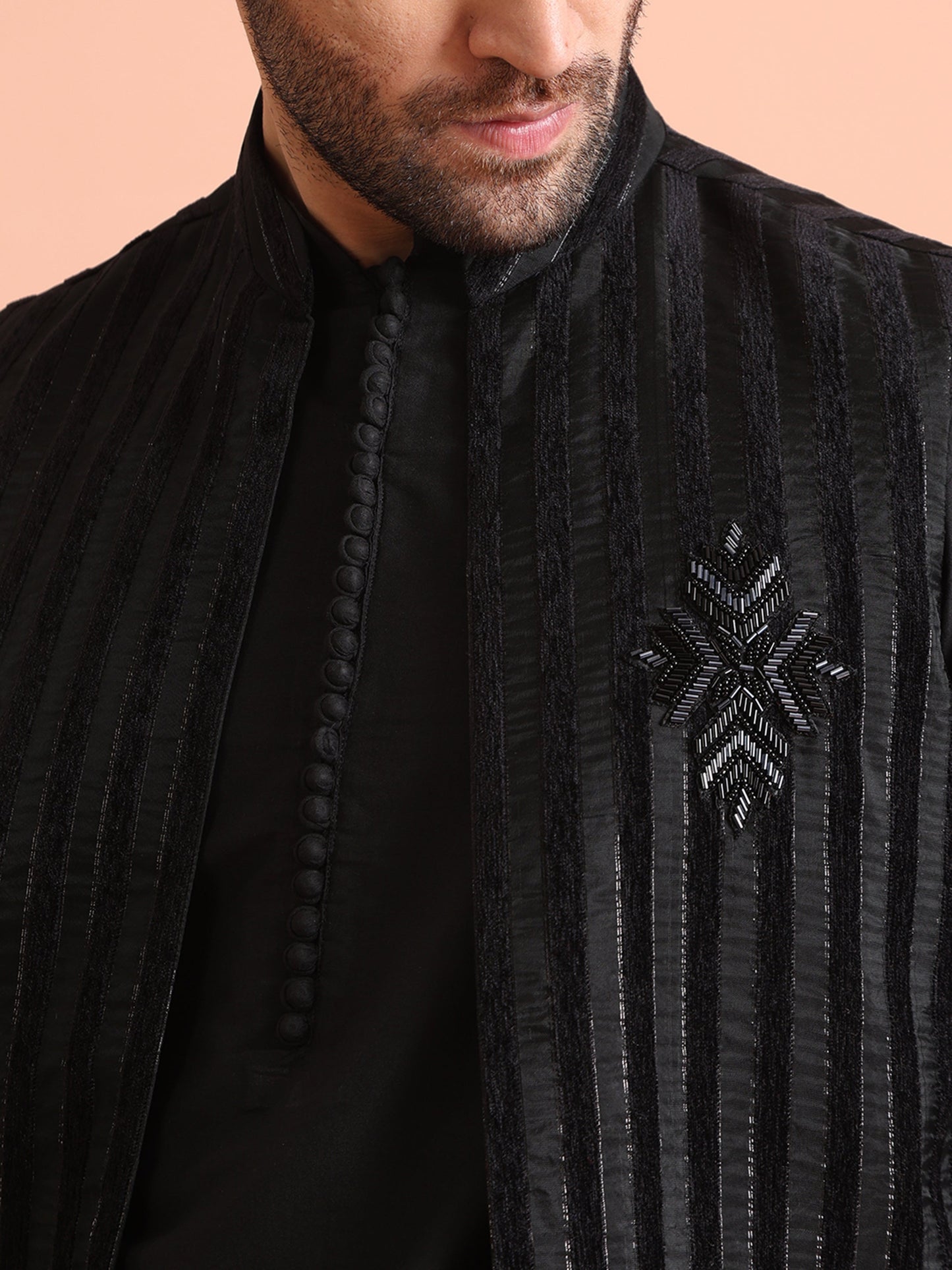 Men Black Sheer Kurta Jacket Trouser Set with Striped