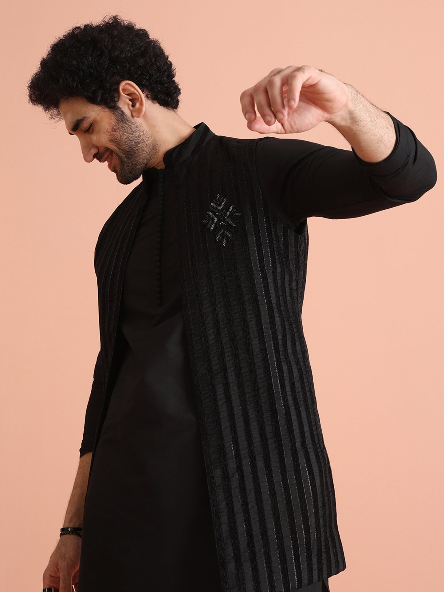 Men Black Sheer Kurta Jacket Trouser Set with Striped