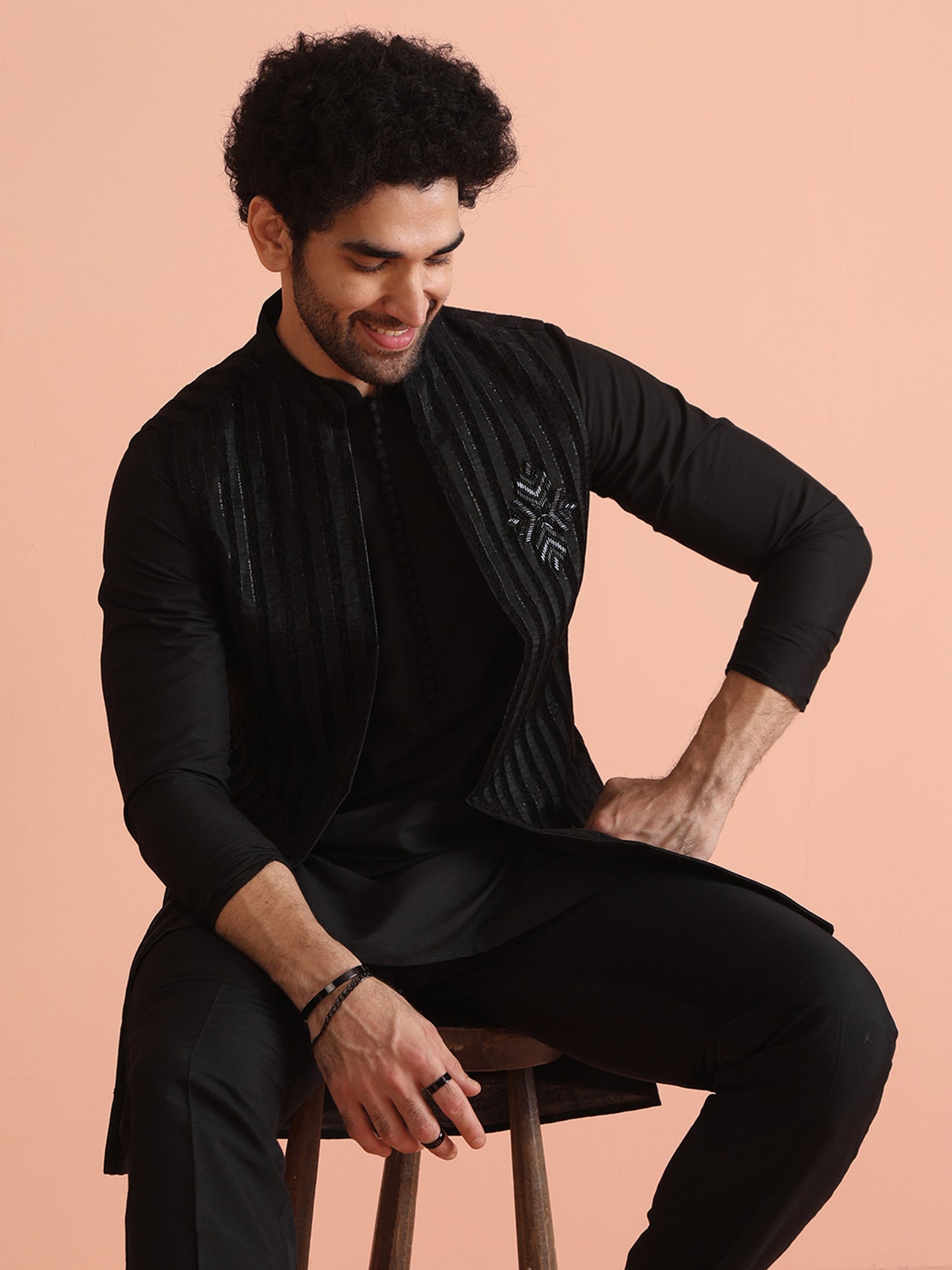 Men Black Sheer Kurta Jacket Trouser Set with Striped