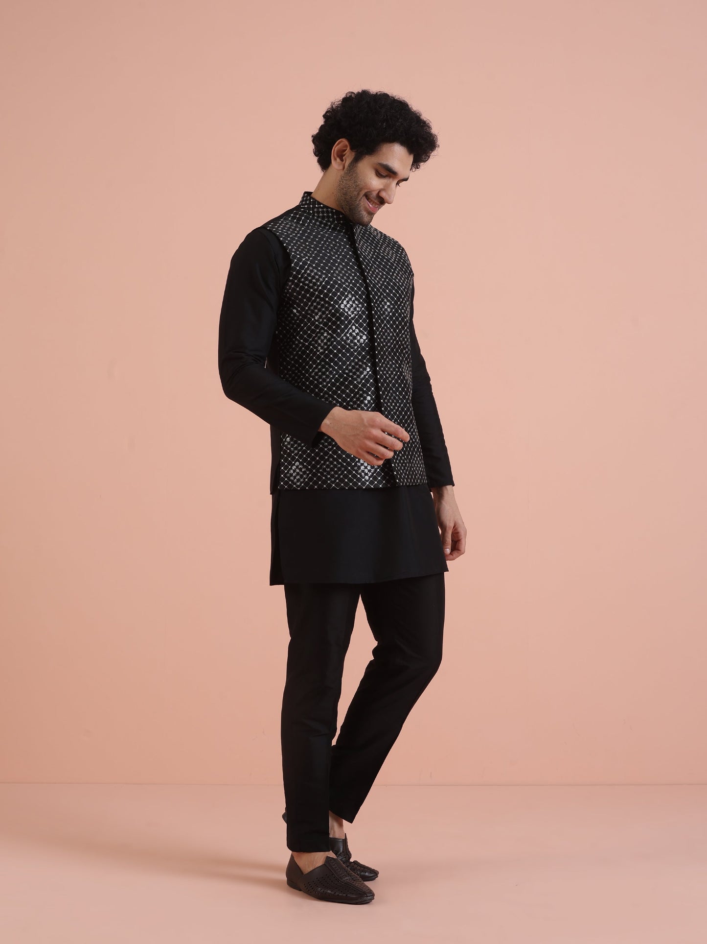 Men Black Embroidered Nehru Jacket with Thread Work