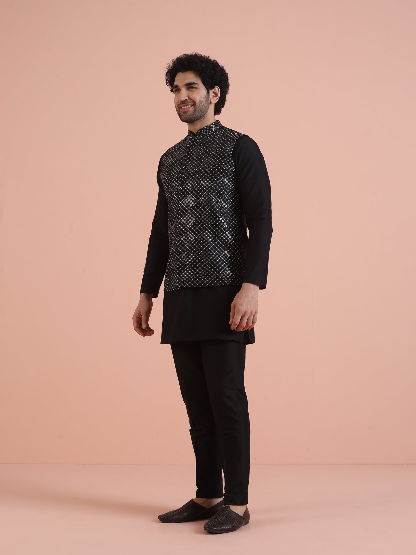 Men Black Embroidered Nehru Jacket with Thread Work