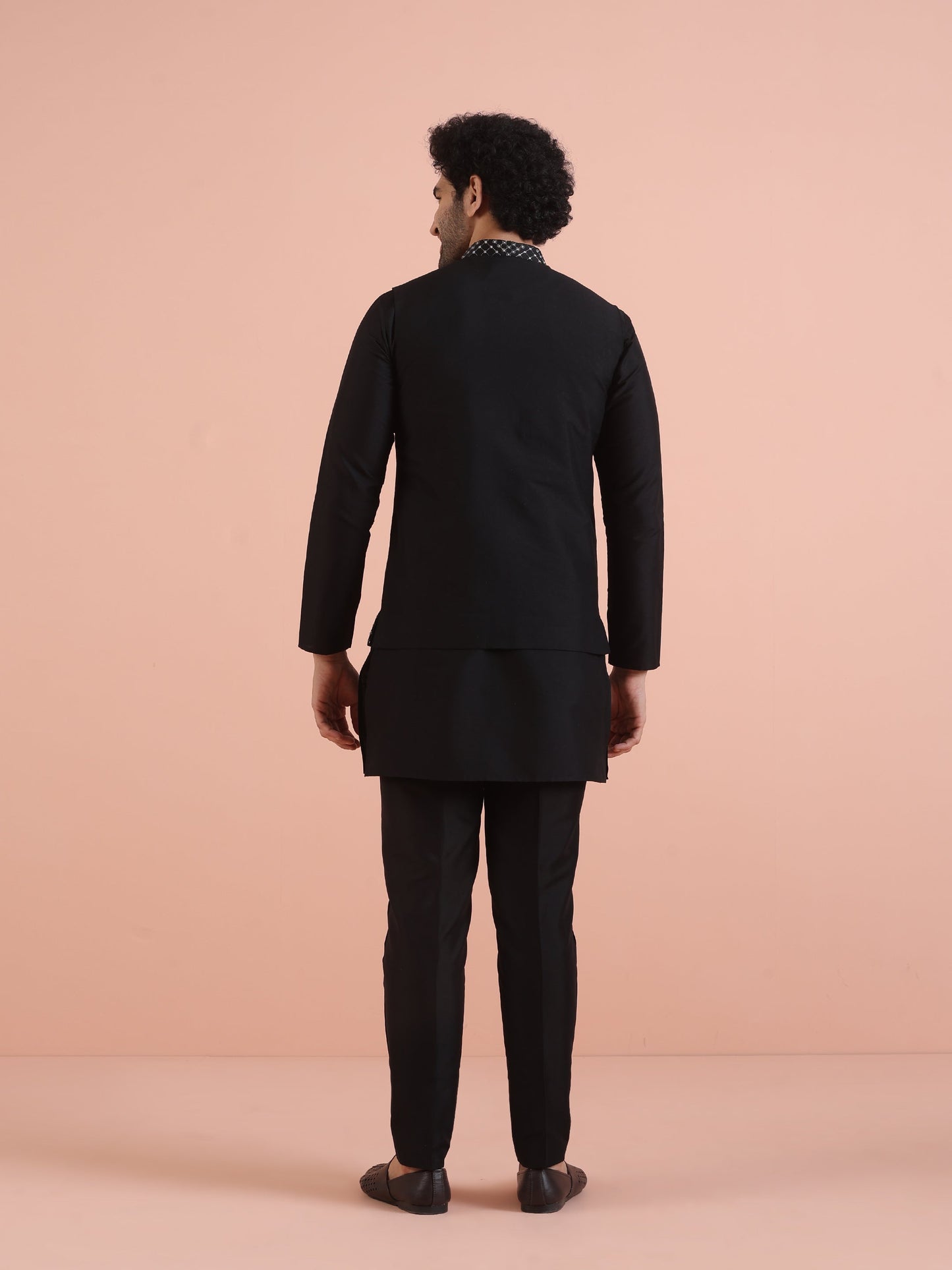 Men Black Embroidered Nehru Jacket with Thread Work