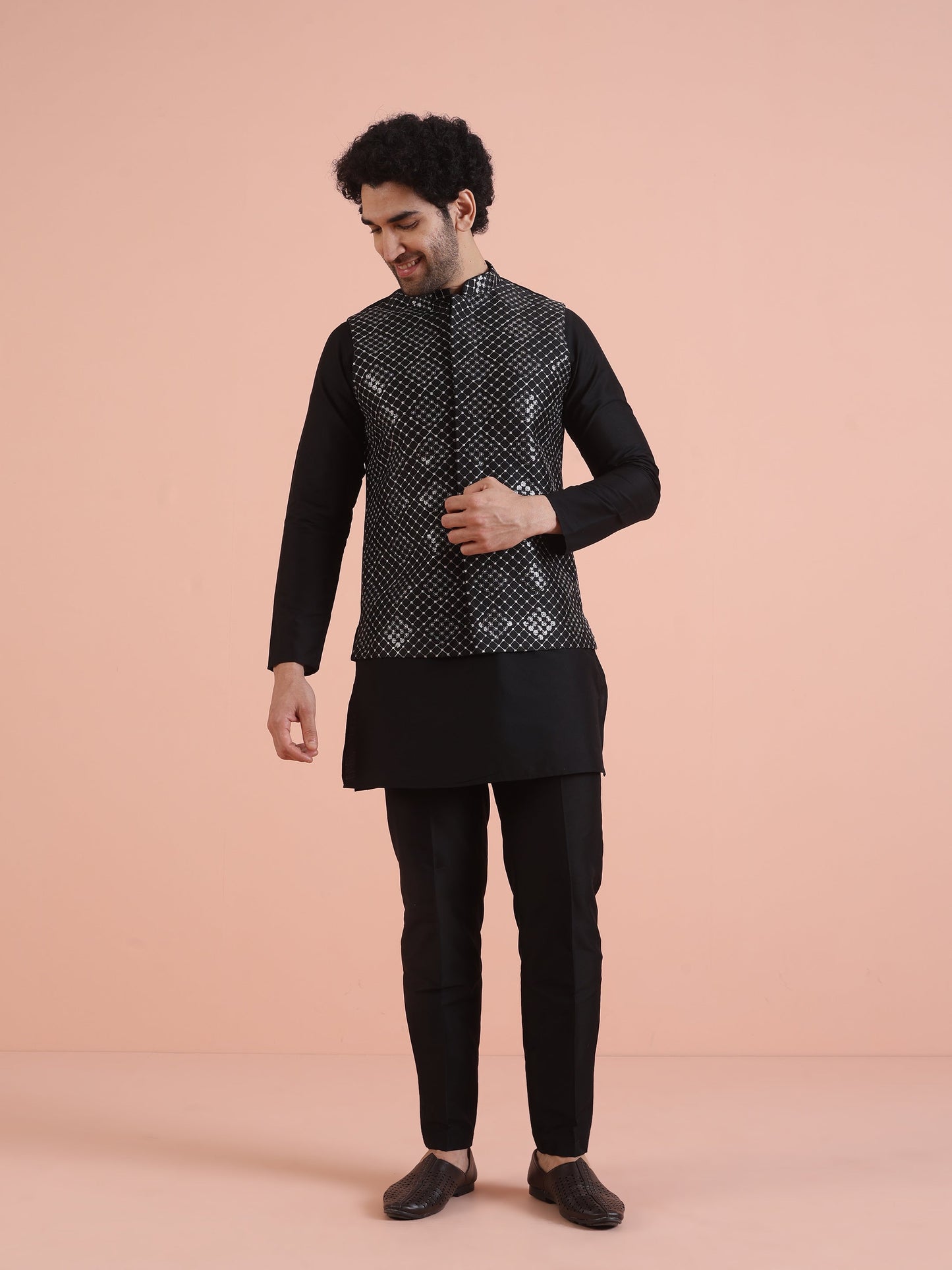 Men Black Embroidered Nehru Jacket with Thread Work