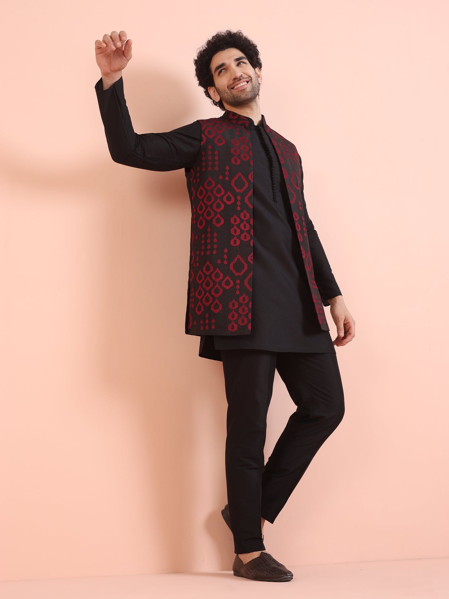 Men Black Embroidered Kurta Jacket Trouser Set with Geometric