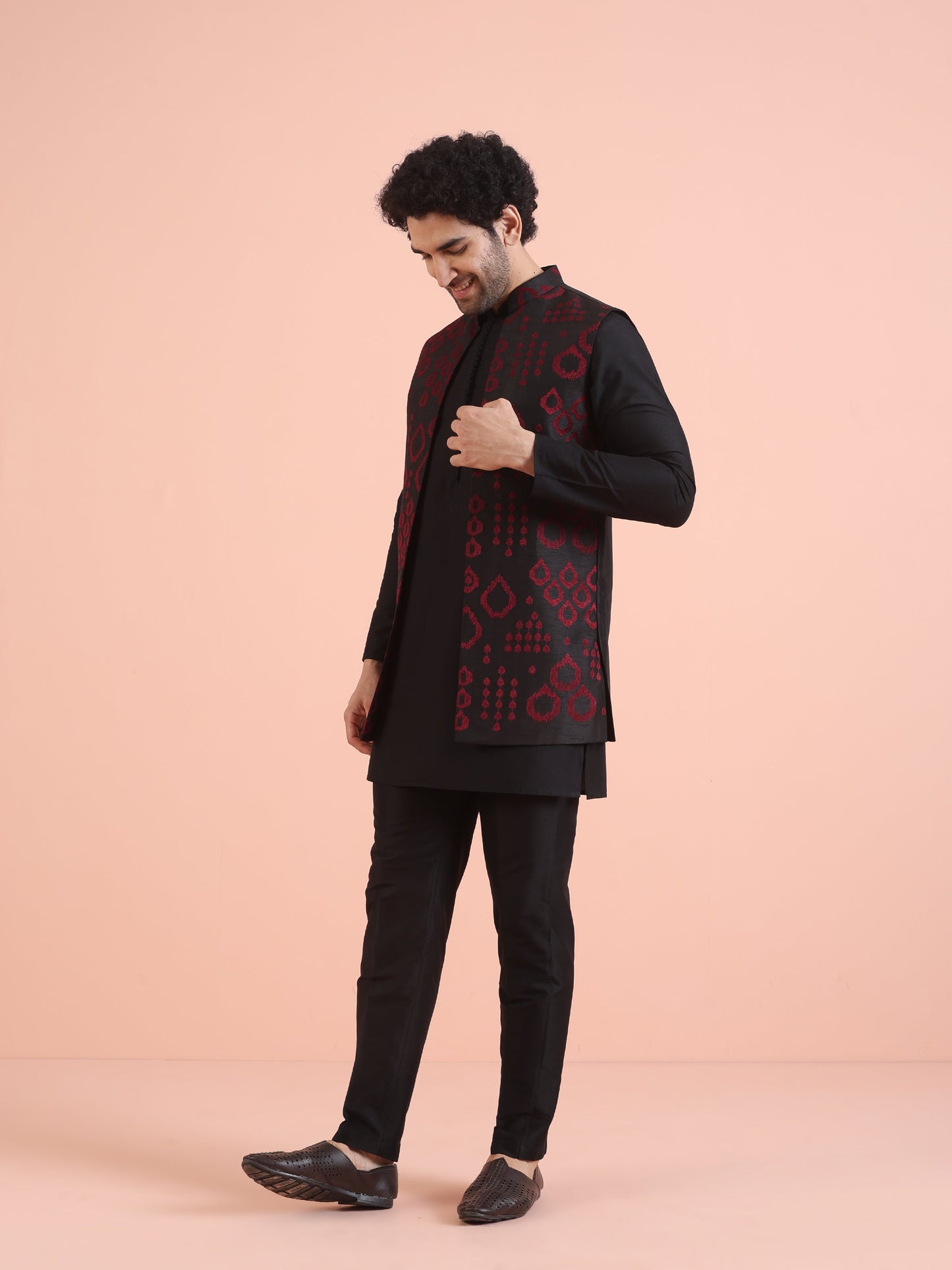 Men Black Embroidered Kurta Jacket Trouser Set with Geometric