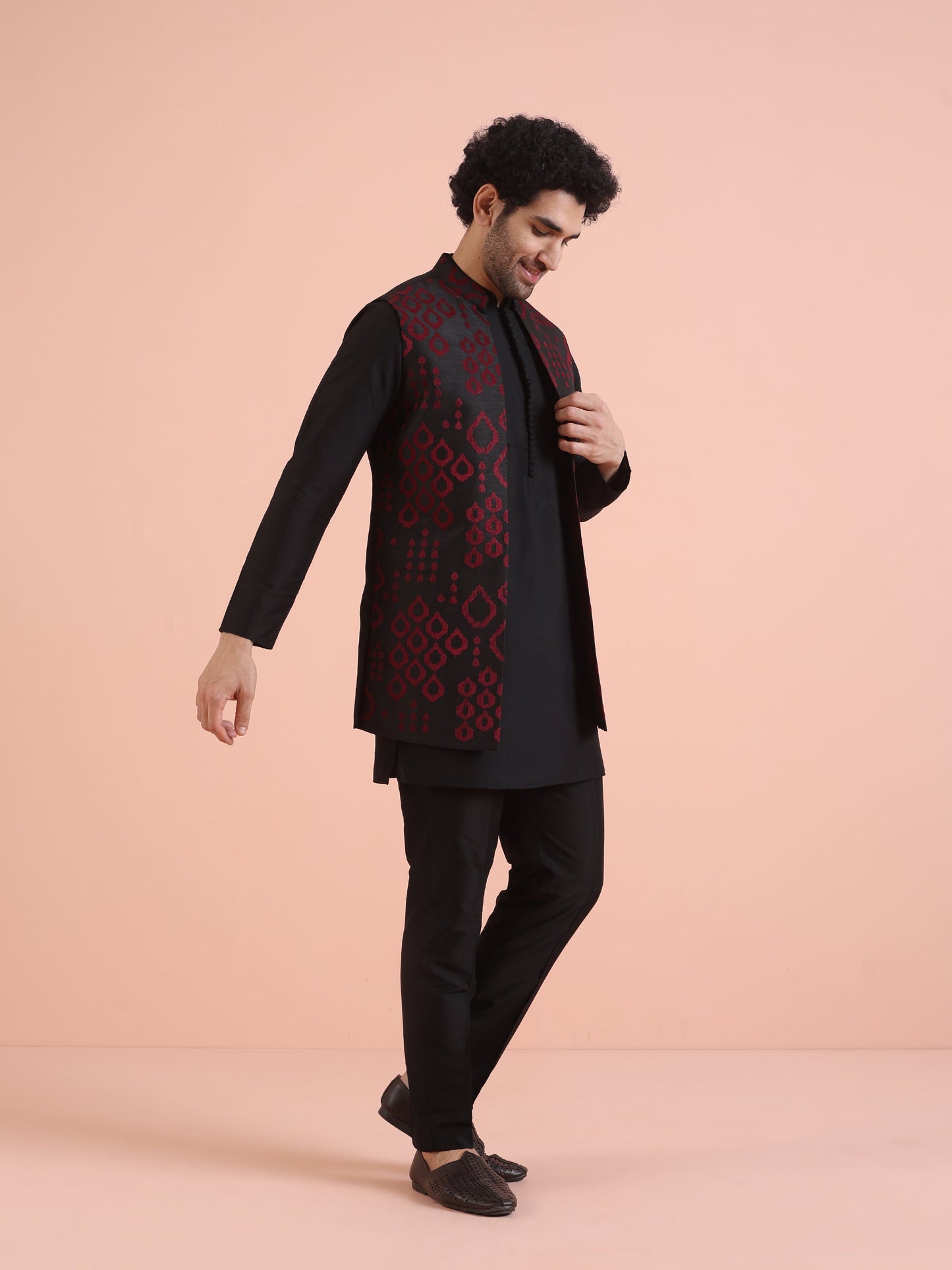 Men Black Embroidered Kurta Jacket Trouser Set with Geometric