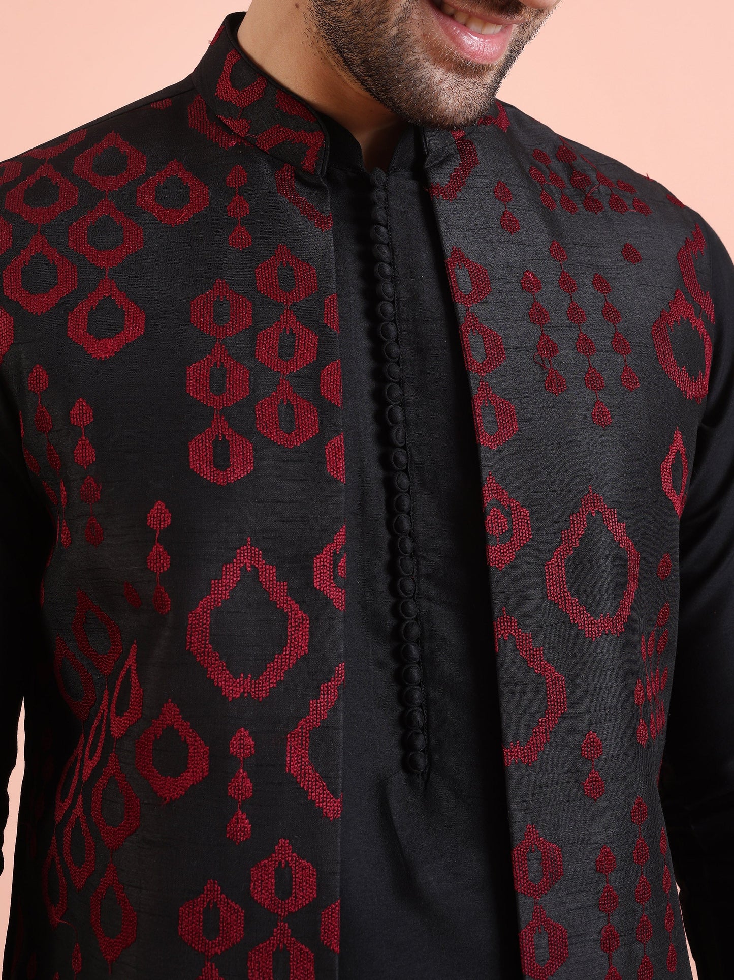 Men Black Embroidered Kurta Jacket Trouser Set with Geometric