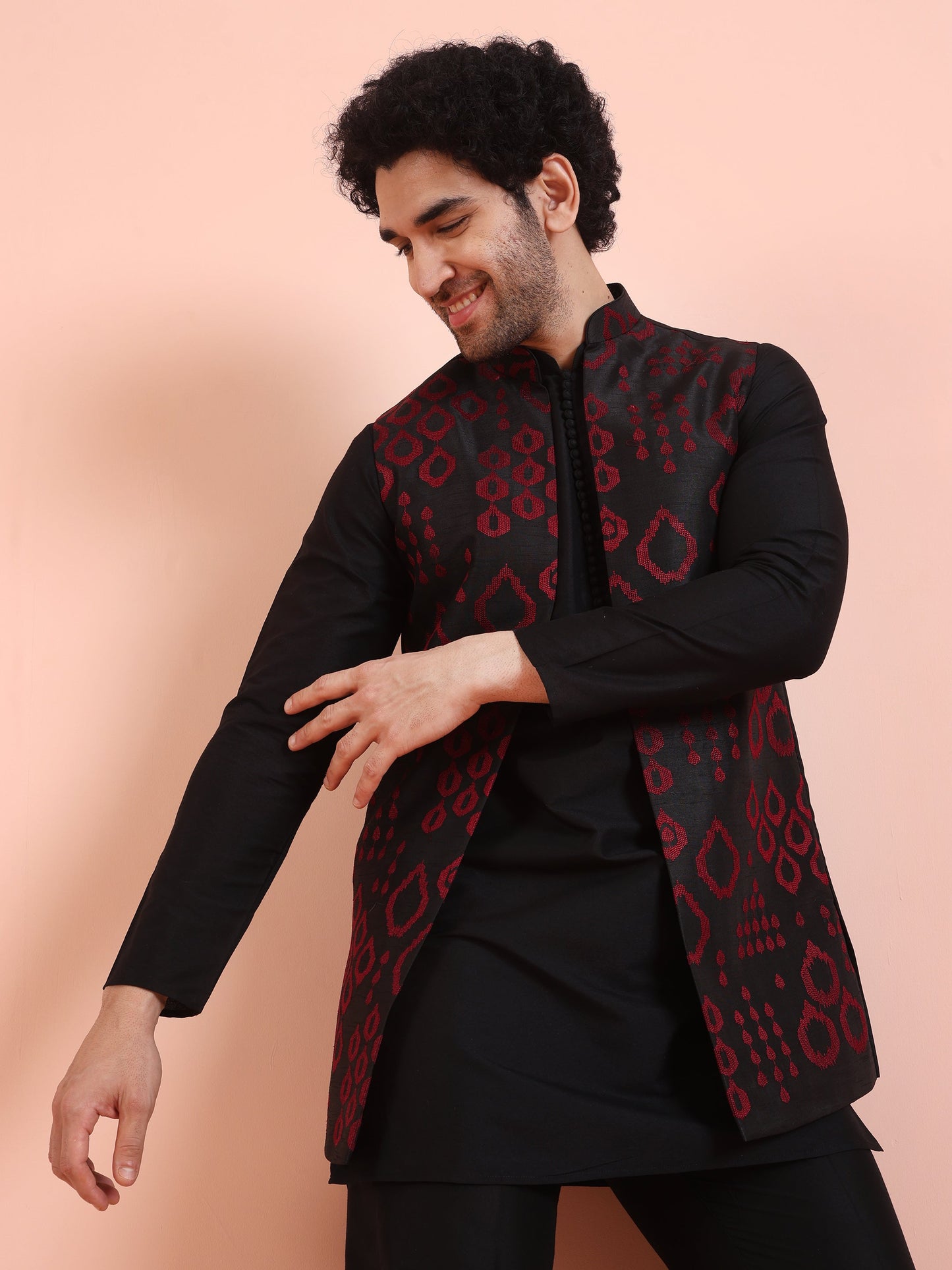 Men Black Embroidered Kurta Jacket Trouser Set with Geometric