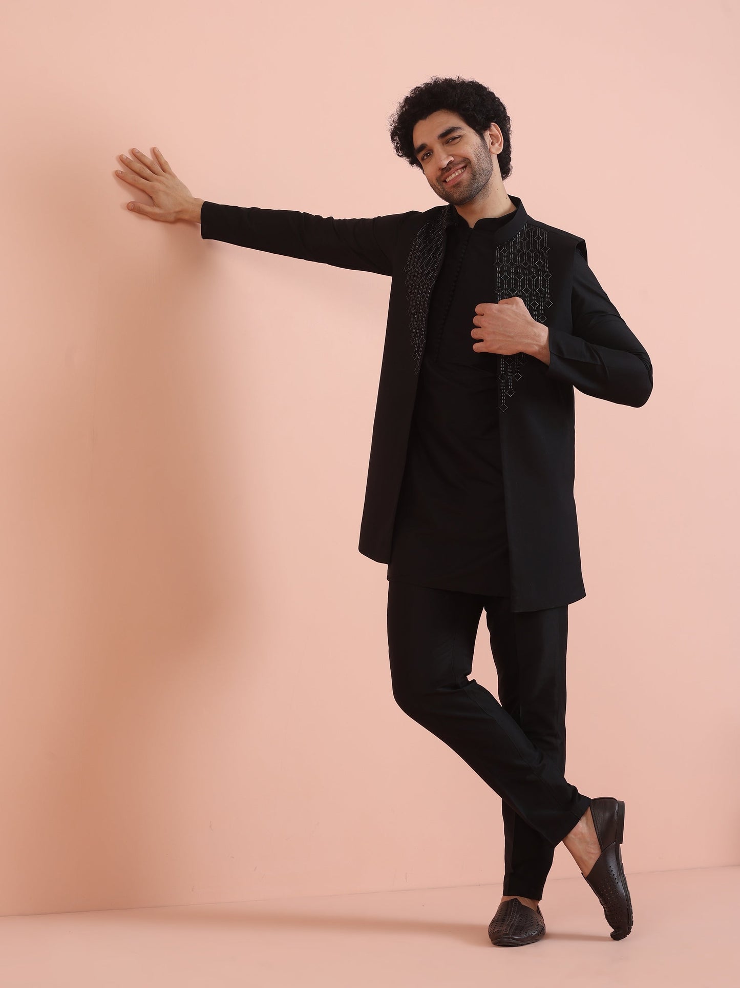 Men Black Embellished Kurta Jacket Trouser Set with Beads and stones