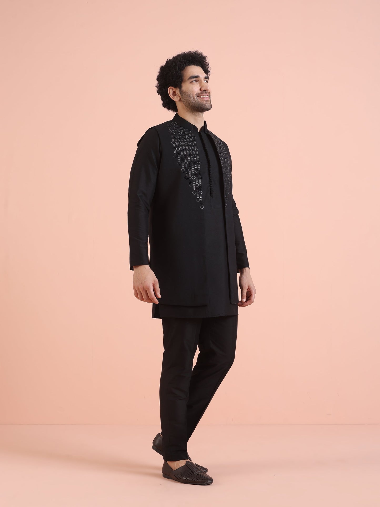 Men Black Embellished Kurta Jacket Trouser Set with Beads and stones