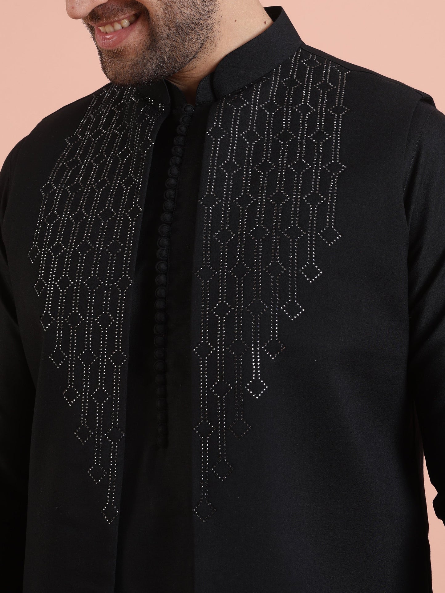 Men Black Embellished Kurta Jacket Trouser Set with Beads and stones