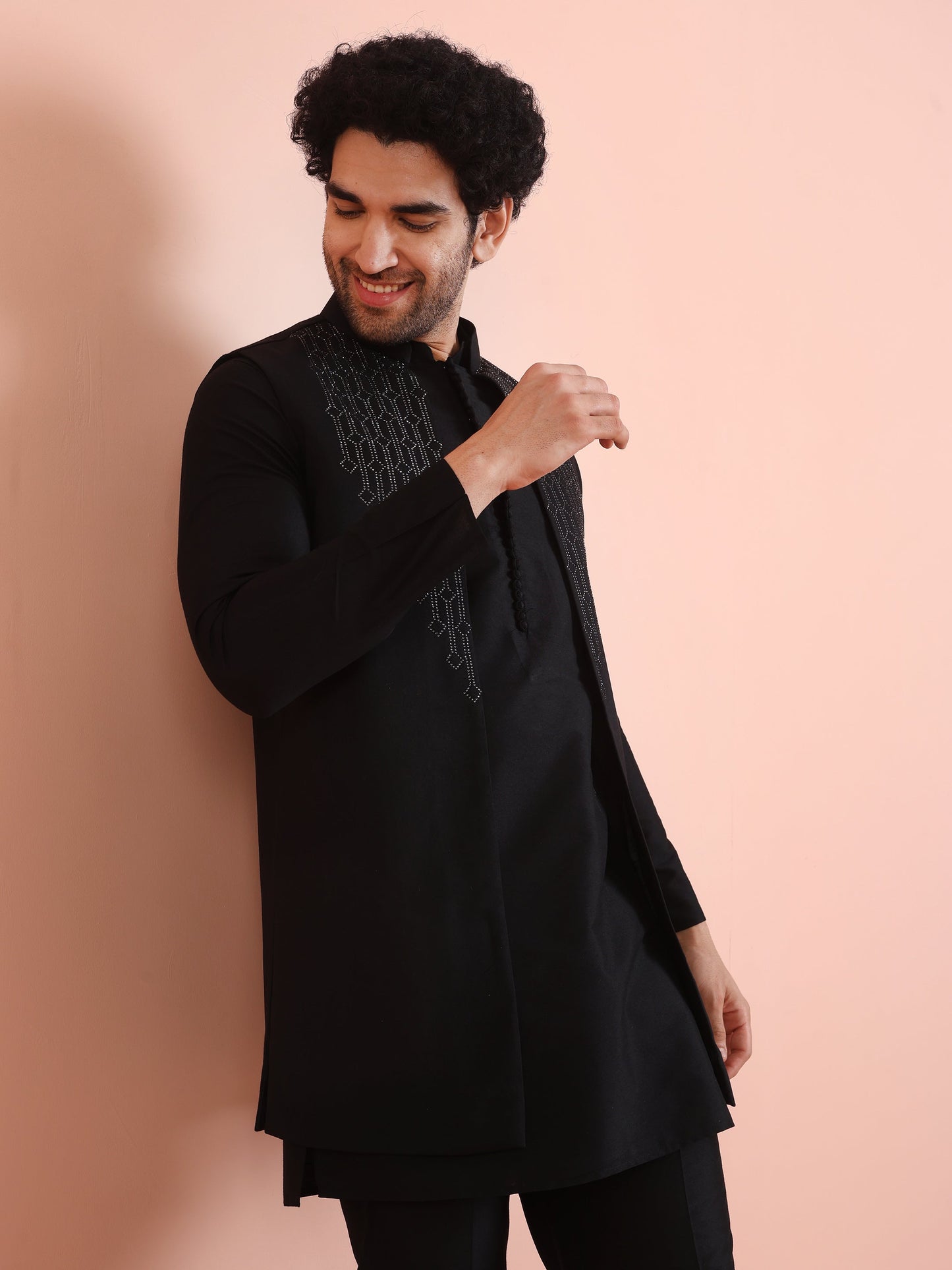 Men Black Embellished Kurta Jacket Trouser Set with Beads and stones