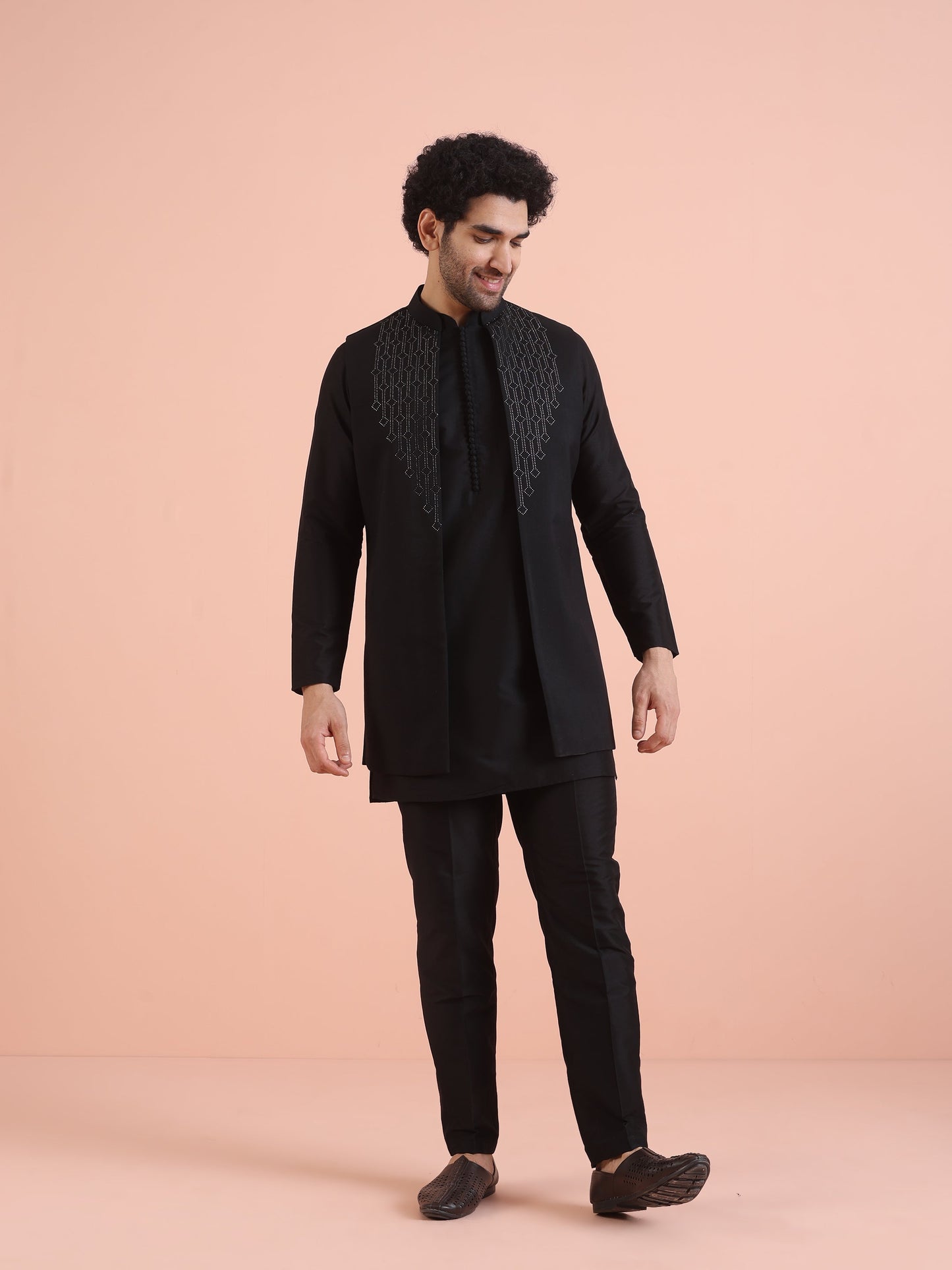 Men Black Embellished Kurta Jacket Trouser Set with Beads and stones