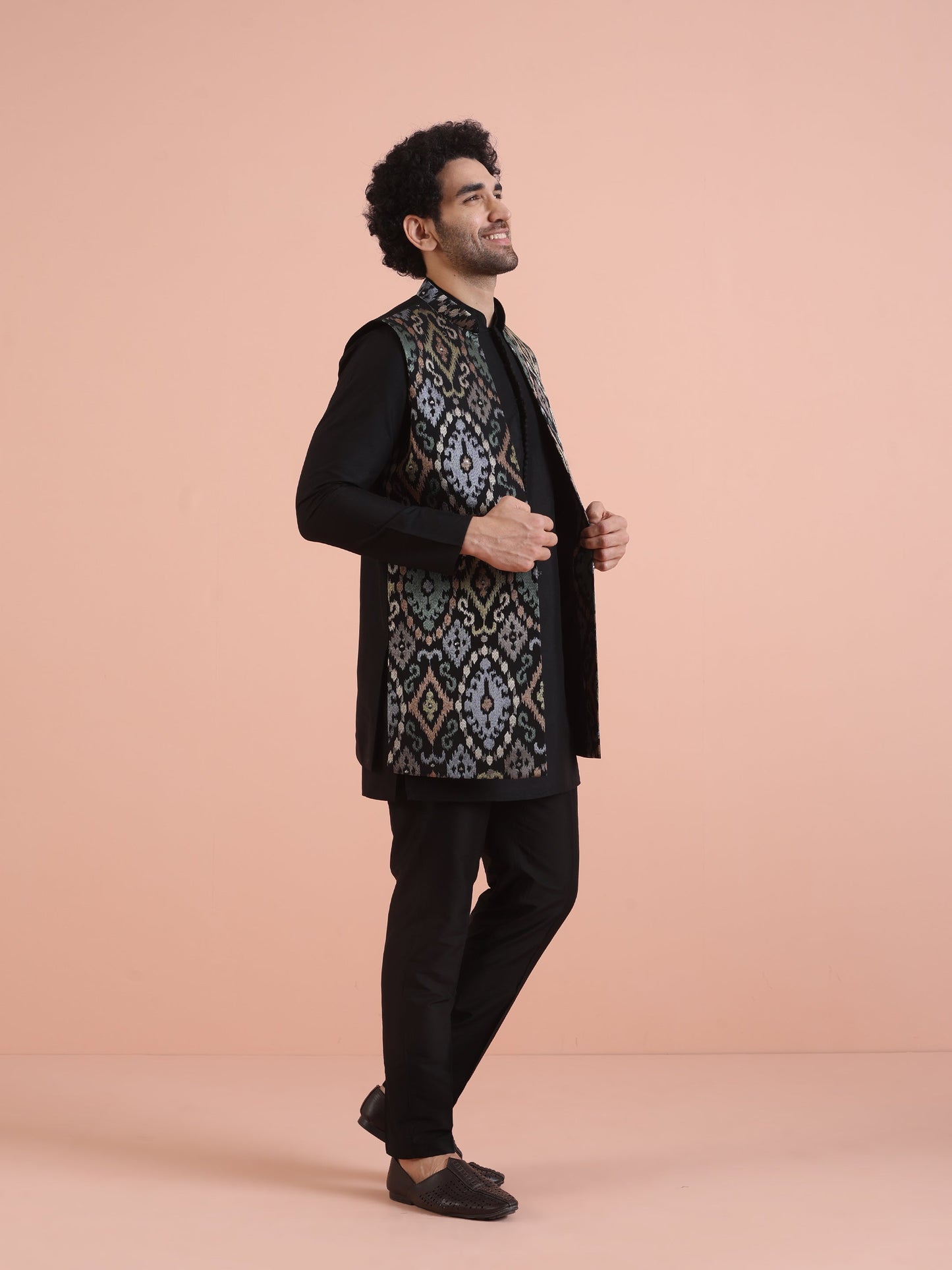 Men Black Embroidered Kurta Nehru Jacket Trouser Set with Thread Work