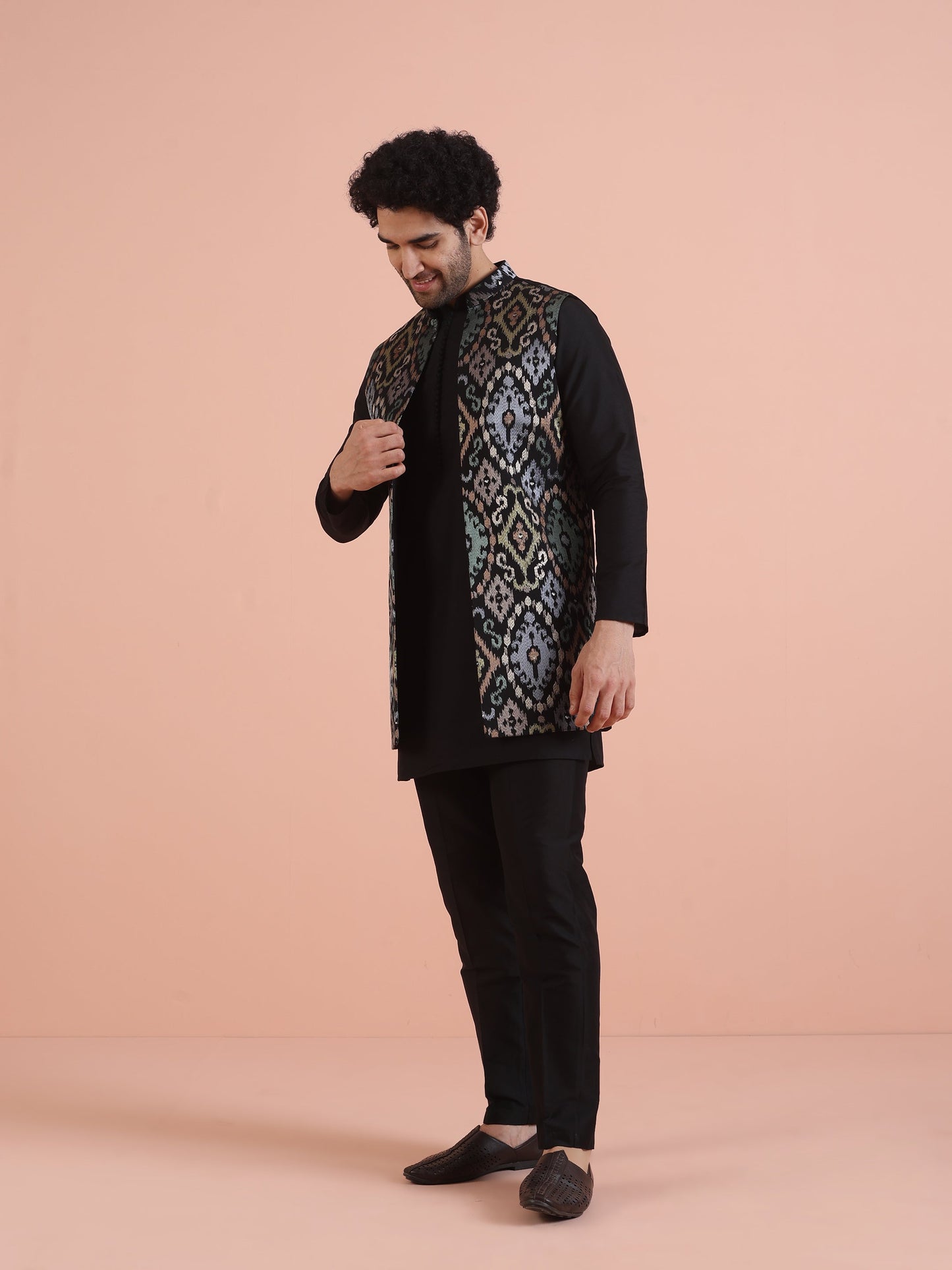 Men Black Embroidered Kurta Nehru Jacket Trouser Set with Thread Work