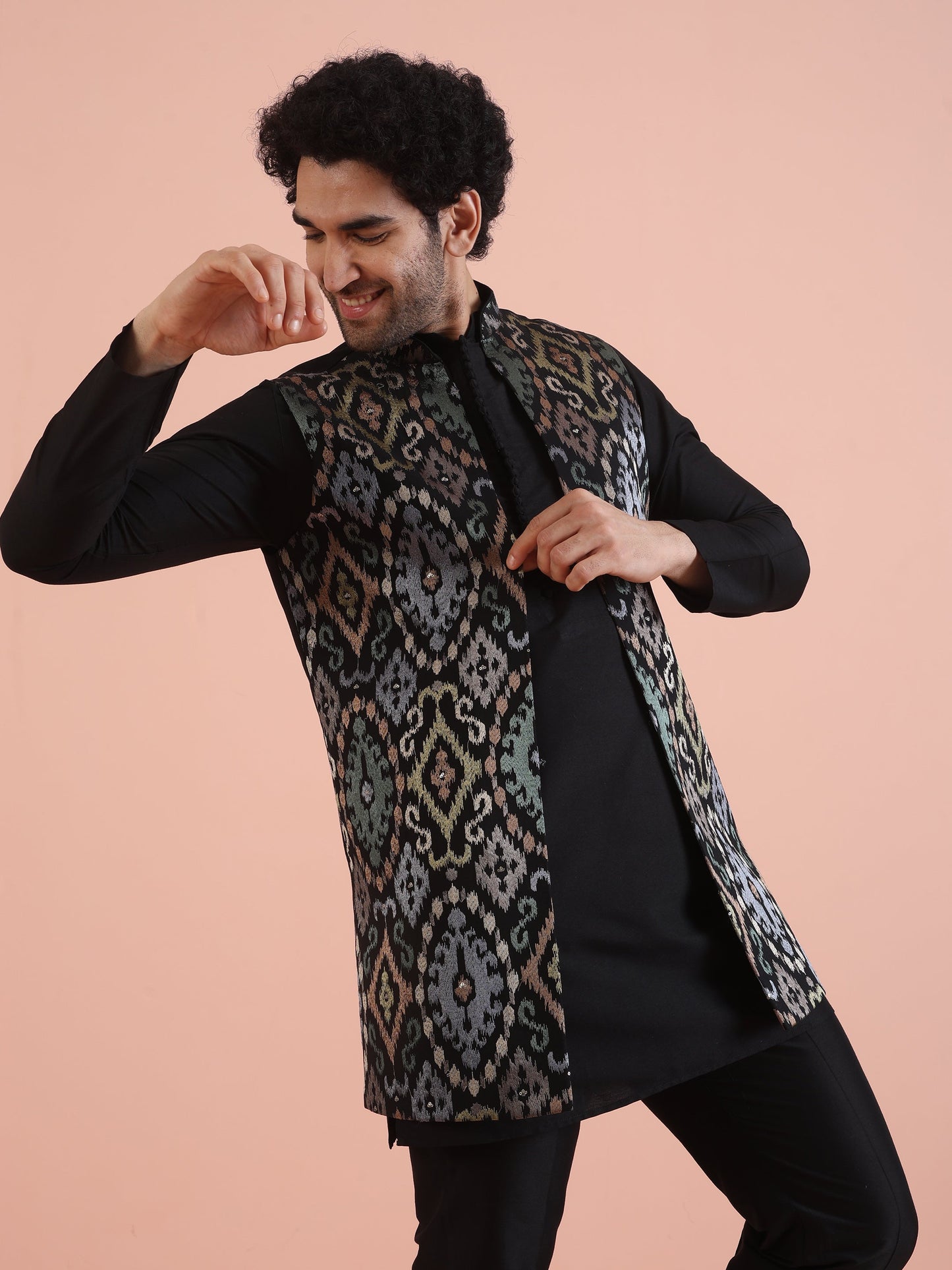 Men Black Embroidered Kurta Nehru Jacket Trouser Set with Thread Work