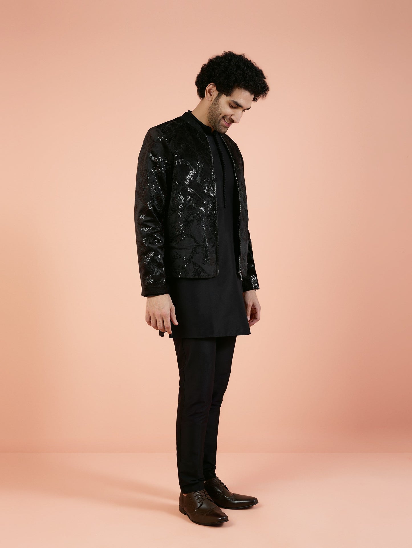 Men Black Abstract Kurta Bomber Jacket Trouser Set with Sequence