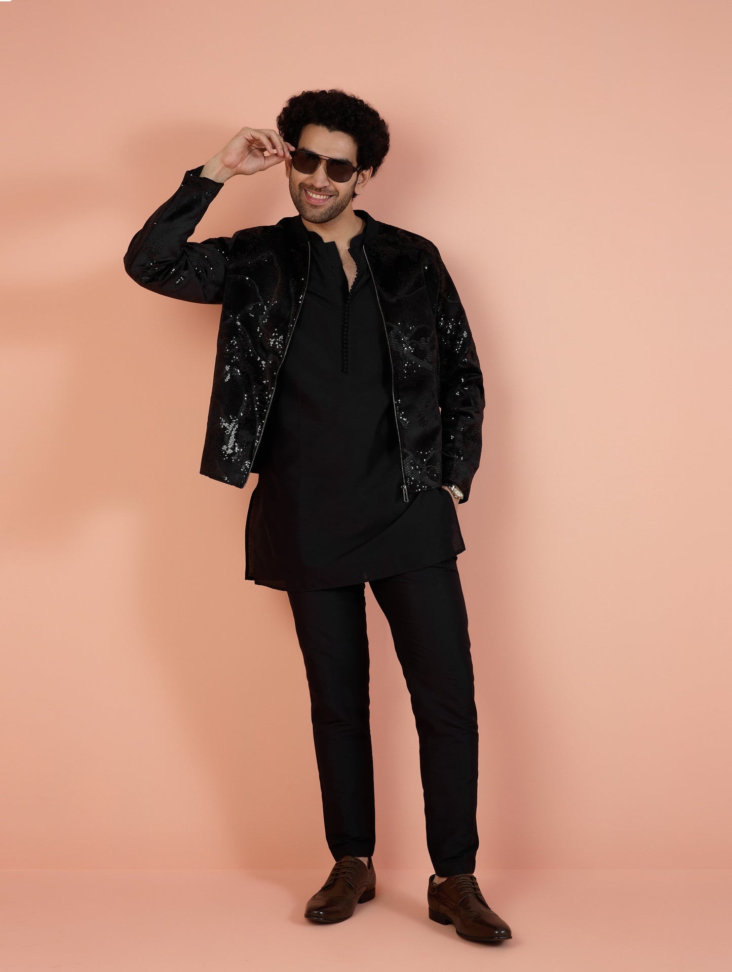 Men Black Abstract Kurta Bomber Jacket Trouser Set with Sequence