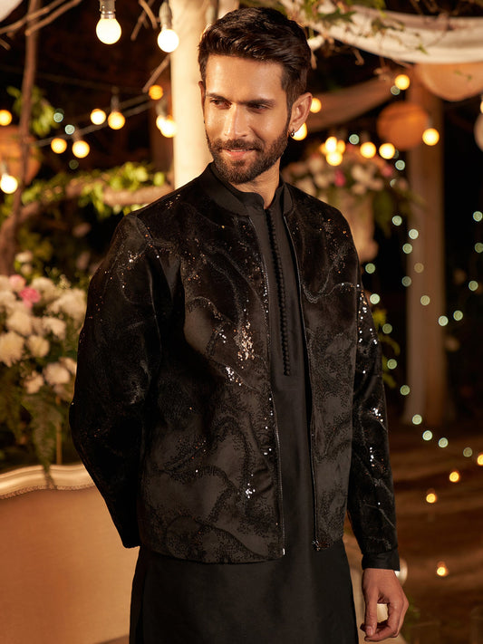 Men Black Abstract Kurta Bomber Jacket Trouser Set with Sequence