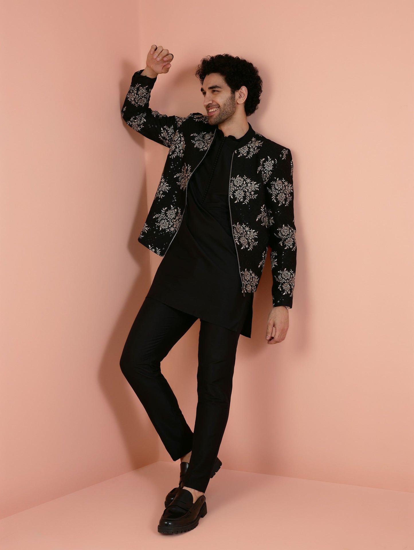 Men Black Embroidered Kurta Bomber Jacket Trouser Set with Thread Work