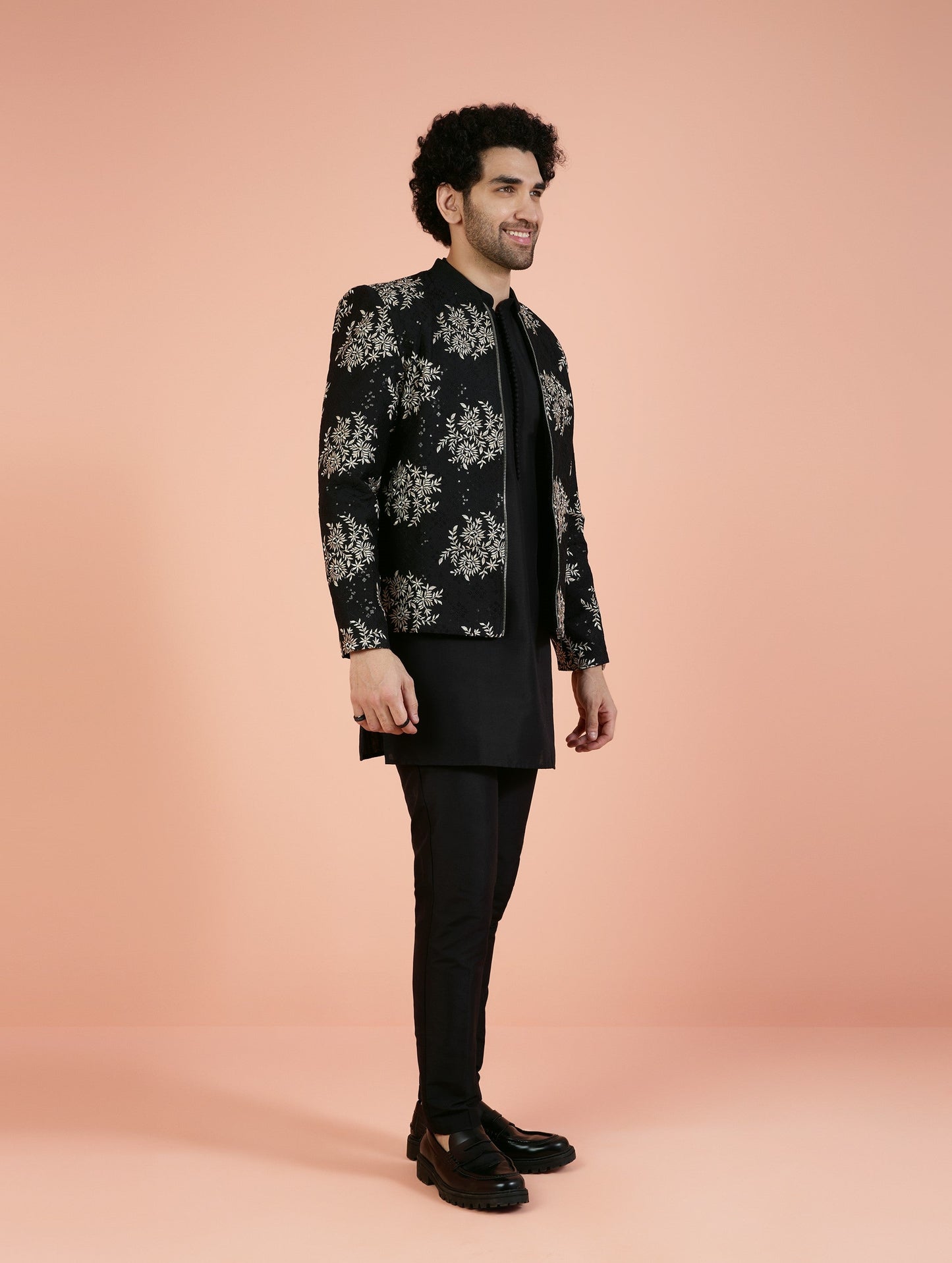 Men Black Embroidered Kurta Bomber Jacket Trouser Set with Thread Work