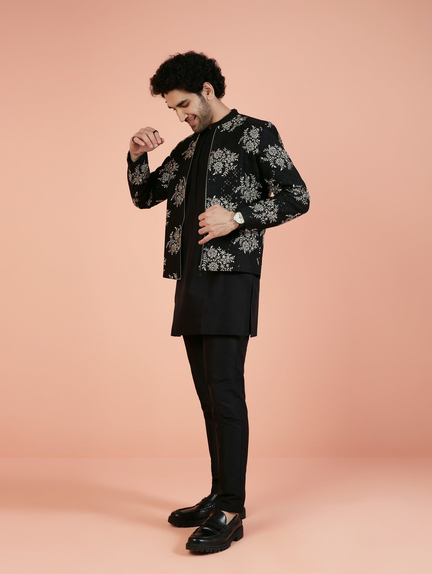 Men Black Embroidered Kurta Bomber Jacket Trouser Set with Thread Work