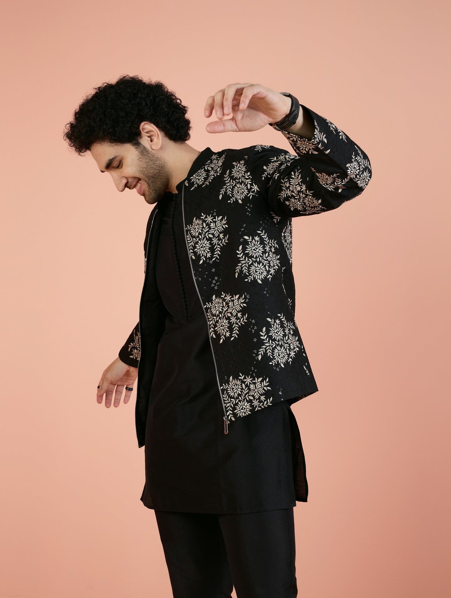 Men Black Embroidered Kurta Bomber Jacket Trouser Set with Thread Work