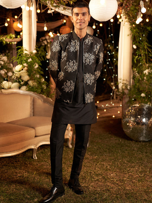 Men Black Embroidered Kurta Bomber Jacket Trouser Set with Thread Work