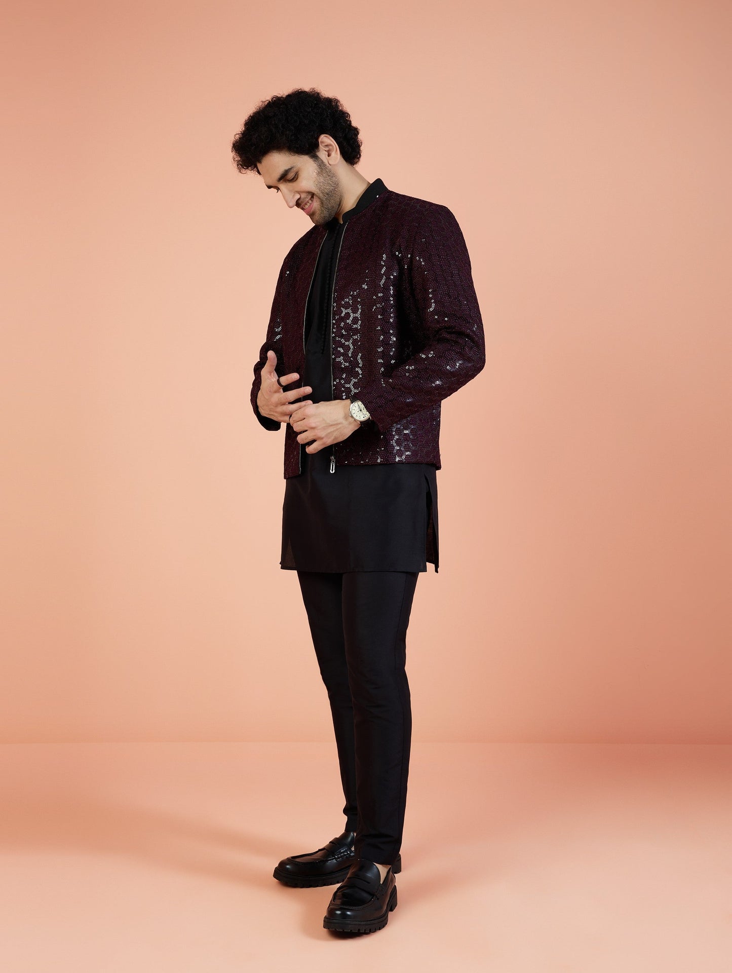 Men Wine Embellished Kurta Bomber Jacket Trouser Set with Sequence