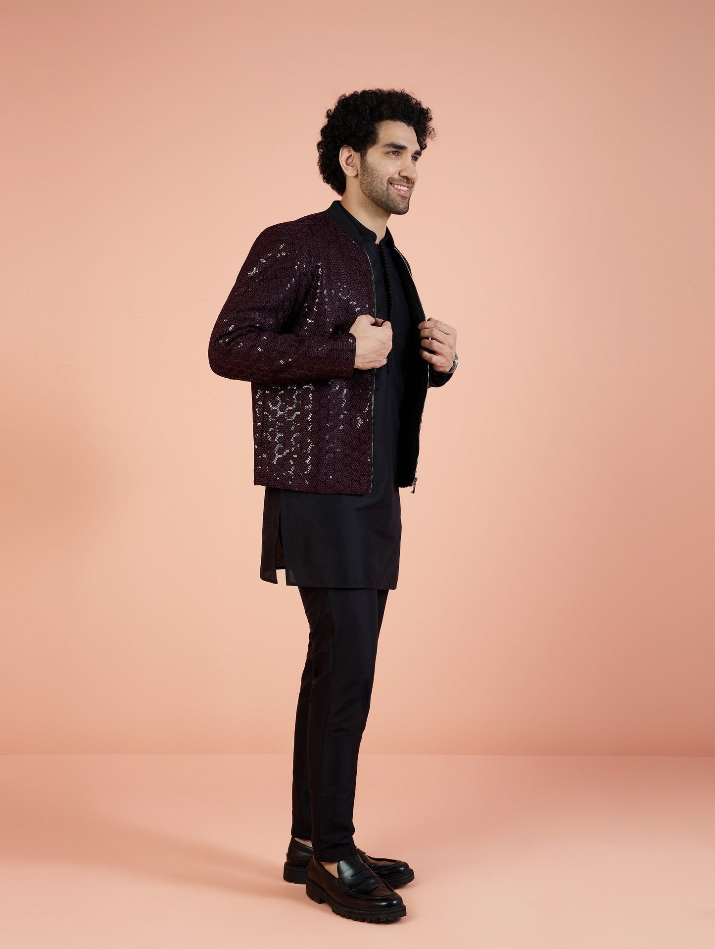 Men Wine Embellished Kurta Bomber Jacket Trouser Set with Sequence