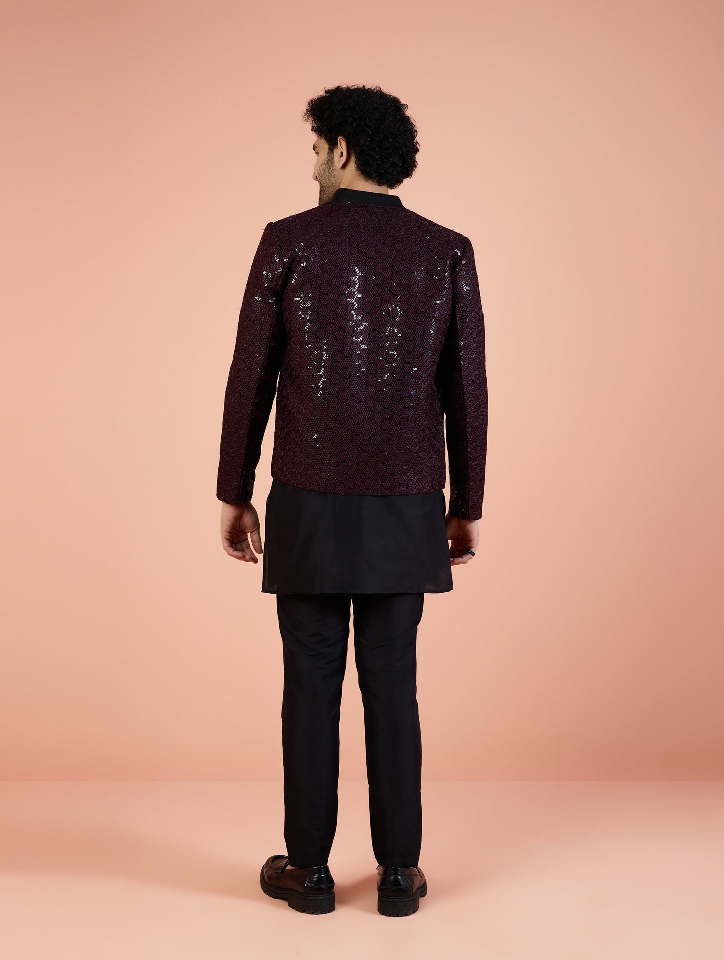 Men Wine Embellished Kurta Bomber Jacket Trouser Set with Sequence