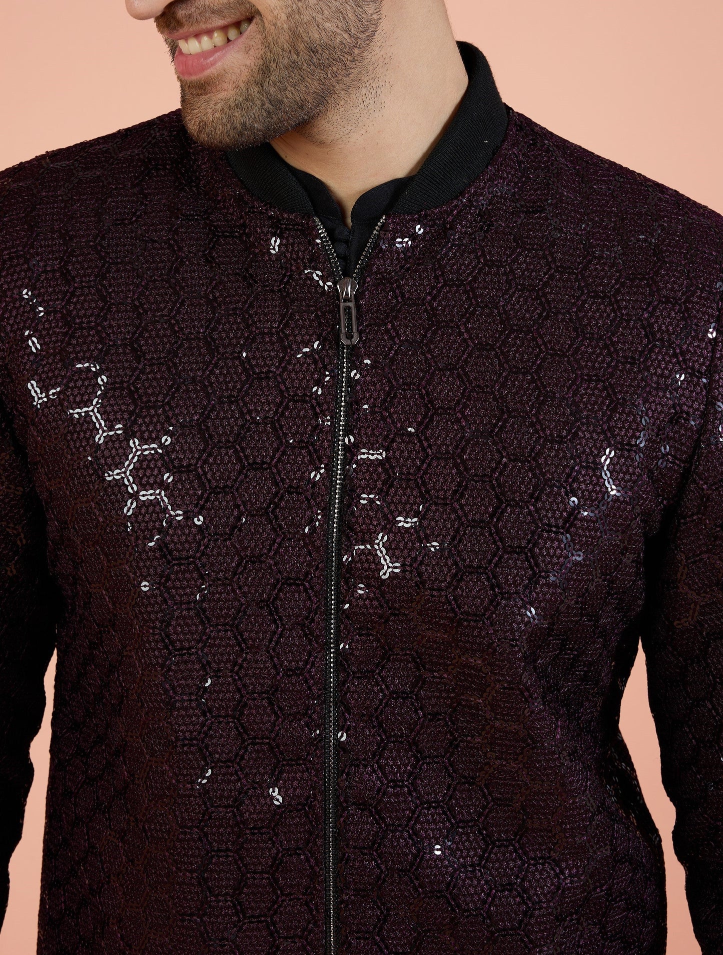 Men Wine Embellished Kurta Bomber Jacket Trouser Set with Sequence