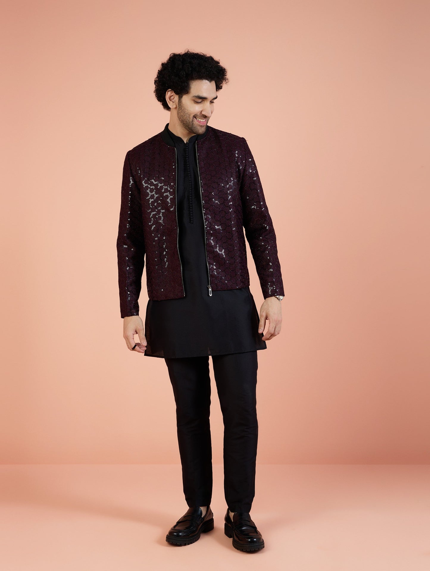 Men Wine Embellished Kurta Bomber Jacket Trouser Set with Sequence