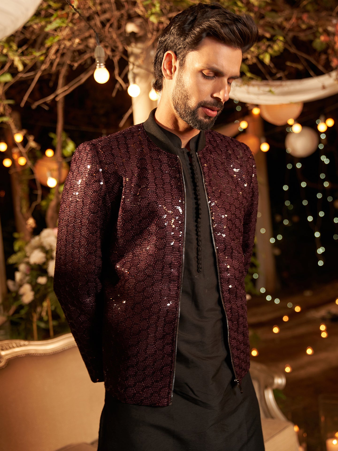 Men Wine Embellished Kurta Bomber Jacket Trouser Set with Sequence