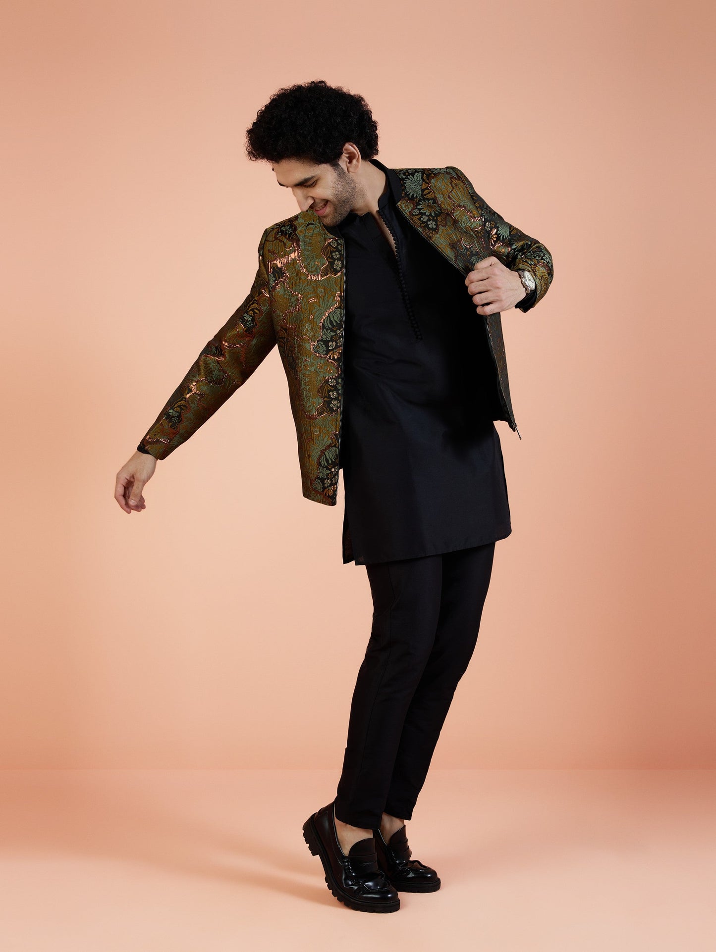 Men Green Abstract Kurta Bomber Jacket Trouser Set with Zari Work