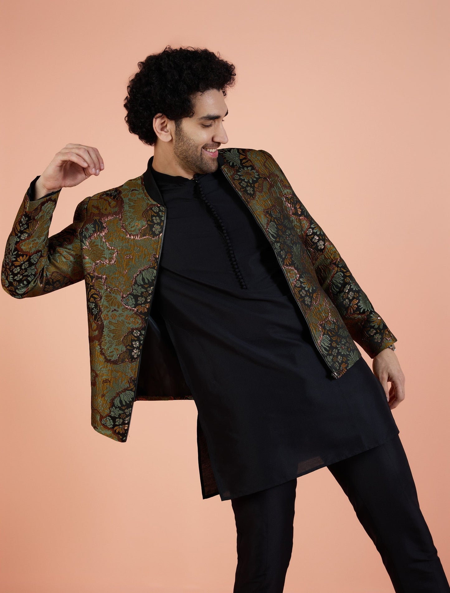 Men Green Abstract Kurta Bomber Jacket Trouser Set with Zari Work